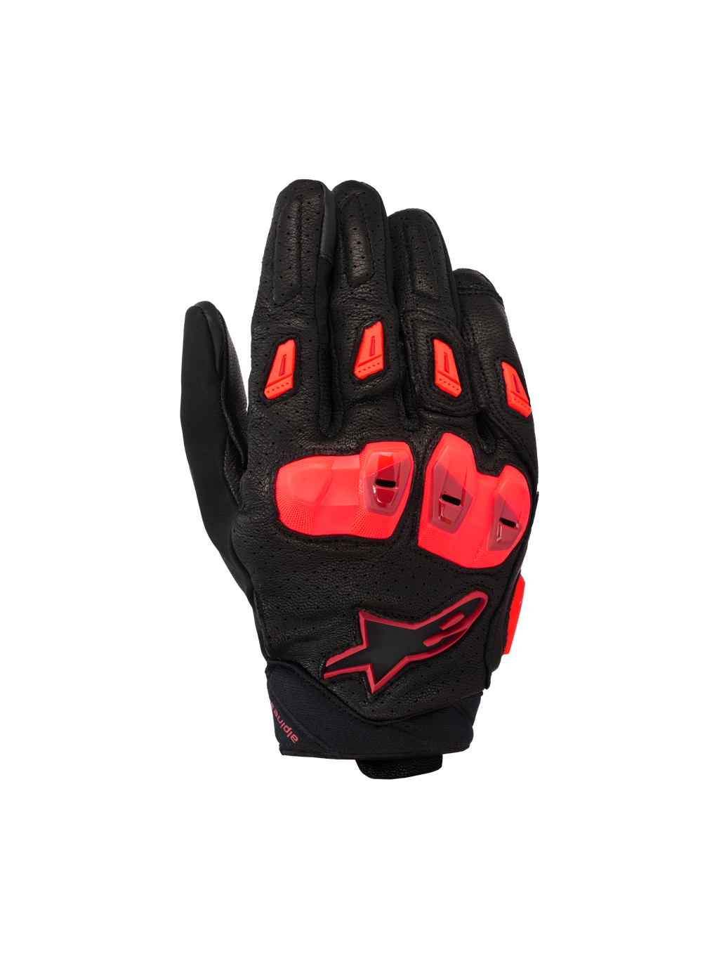 Alpinestars SP X 7, guantes deportivos de moto de puño corto, negro y rojo flúor, con chasis de cuero perforado, protección de nudillos de TPU de doble densidad, deslizadores de dedos TPR y diseño de puño compacto