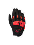 Alpinestars SP X 7, guantes deportivos de moto de puño corto, negro y rojo flúor, con chasis de cuero perforado, protección de nudillos de TPU de doble densidad, deslizadores de dedos TPR y diseño de puño compacto