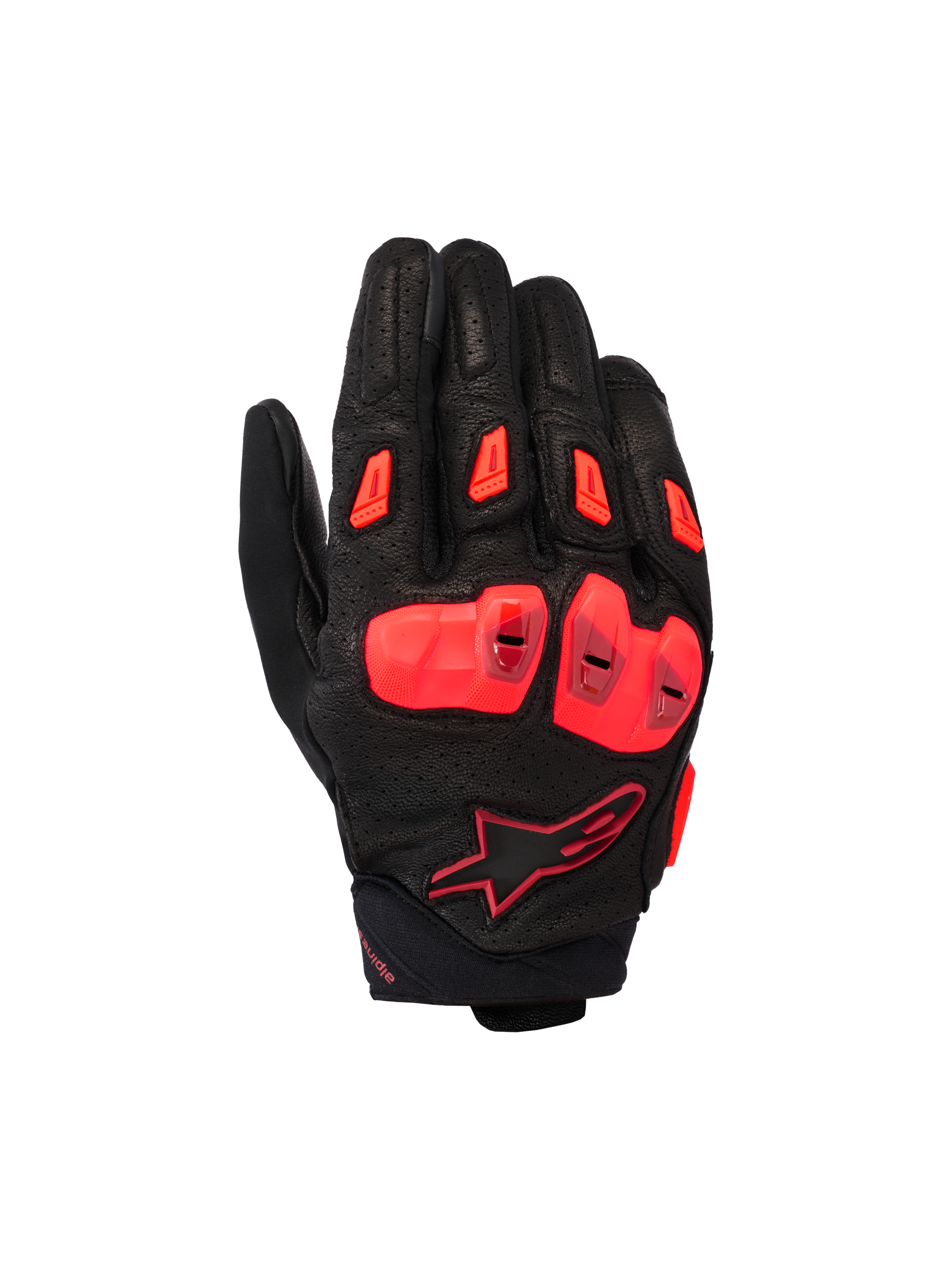 Alpinestars SP X 7, guantes deportivos de moto de puño corto, negro y rojo flúor, con chasis de cuero perforado, protección de nudillos de TPU de doble densidad, deslizadores de dedos TPR y diseño de puño compacto