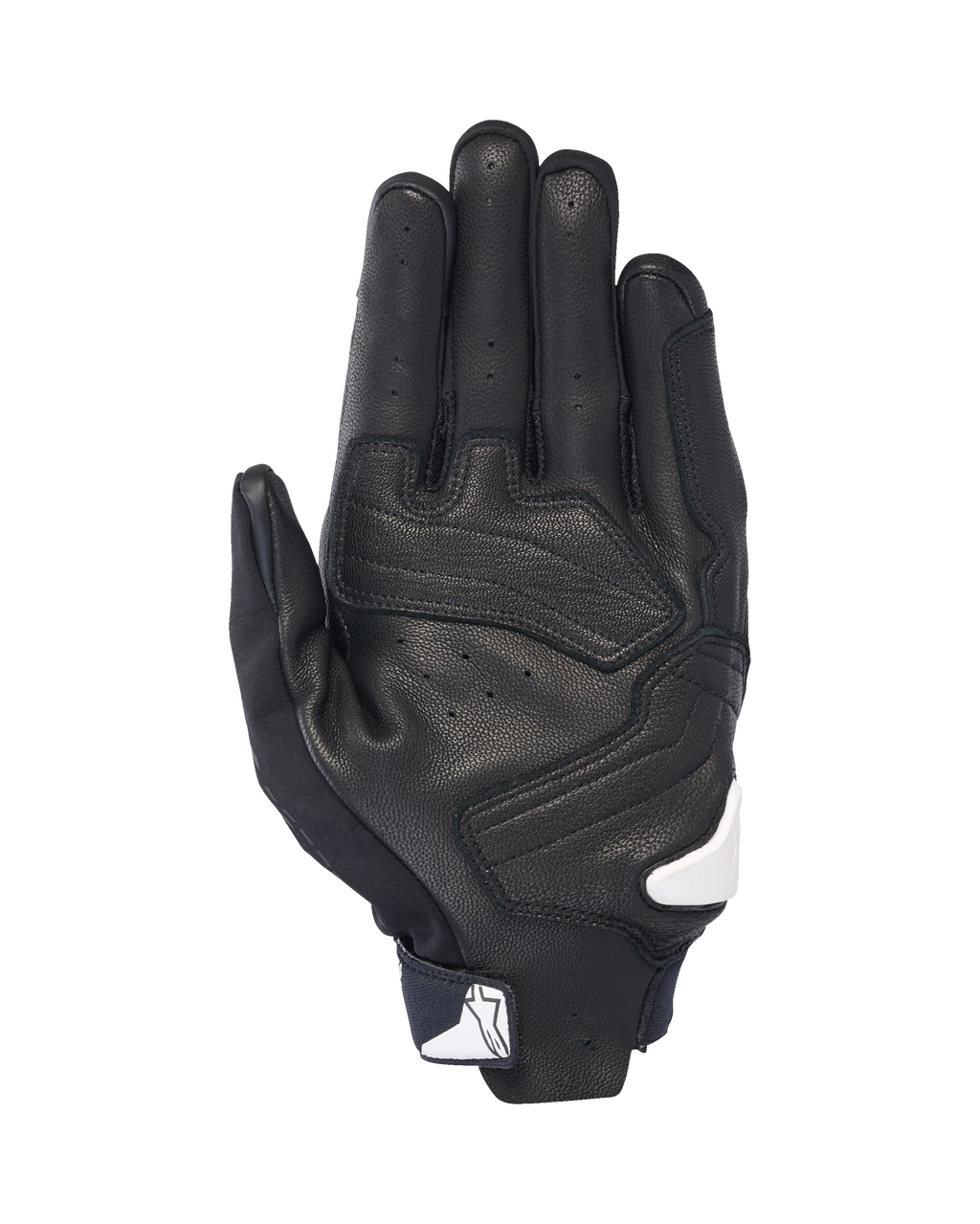 Guantes Alpinestars SP X 7, vista de la palma, negros con detalles en blanco, guantes de moto de puño corto con cuero perforado, refuerzos en la palma y logo de Alpinestars en blanco en el cierre de la muñeca