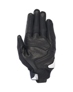 Guantes Alpinestars SP X 7, vista de la palma, negros con detalles en blanco, guantes de moto de puño corto con cuero perforado, refuerzos en la palma y logo de Alpinestars en blanco en el cierre de la muñeca