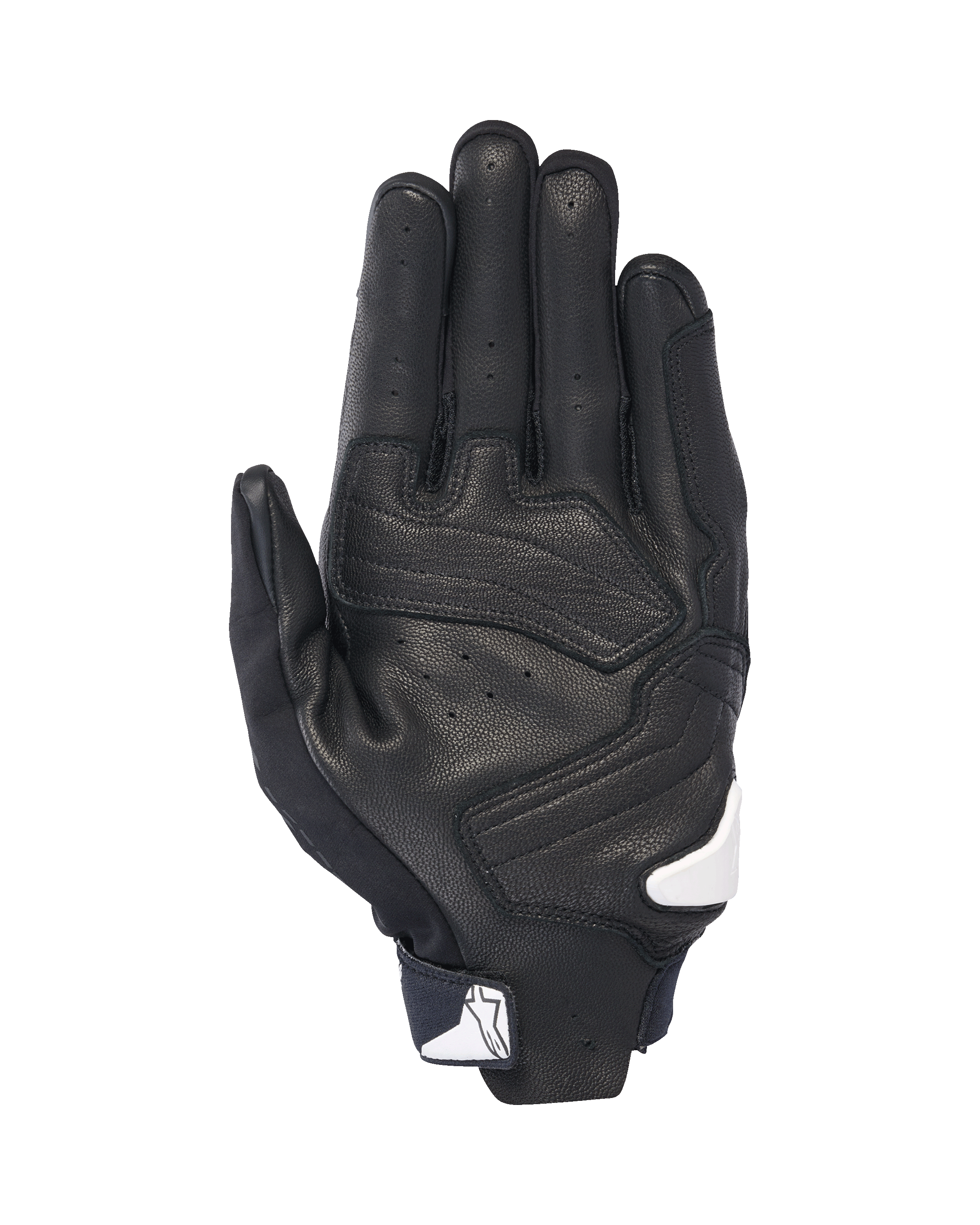 Guantes Alpinestars SP X 7, vista de la palma, negros con detalles en blanco, guantes de moto de puño corto con cuero perforado, refuerzos en la palma y logo de Alpinestars en blanco en el cierre de la muñeca