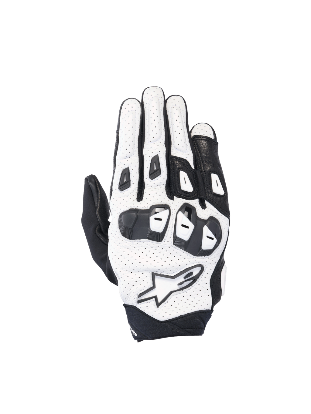 Alpinestars SP X 7, guantes de moto de cuero perforado blancos y negros con nudillos de TPU de doble densidad.