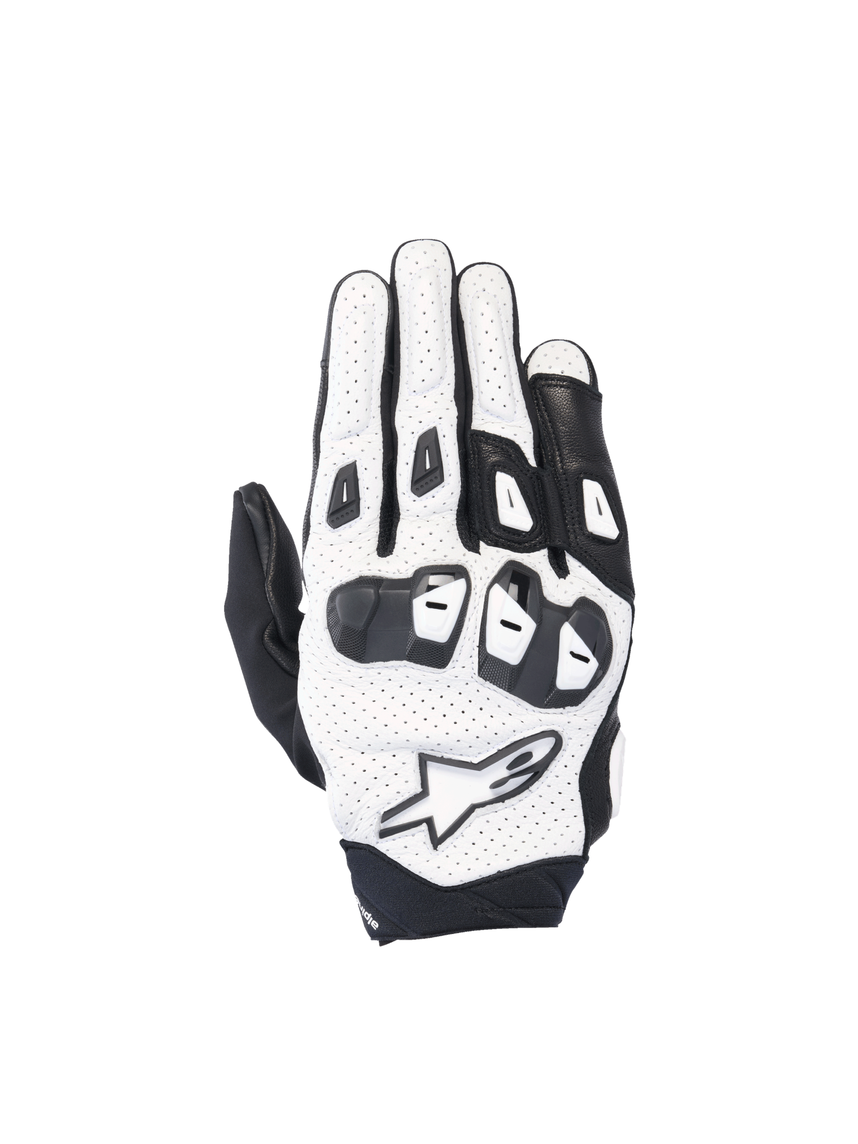 Alpinestars SP X 7, guantes de moto de cuero perforado blancos y negros con nudillos de TPU de doble densidad.