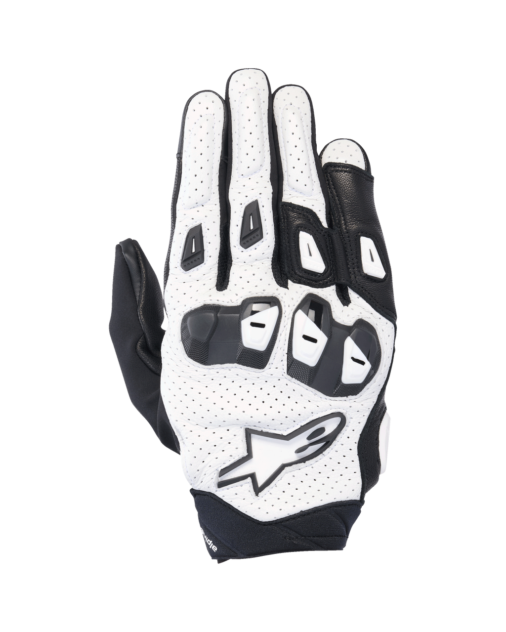 Guantes Alpinestars SP X 7, guantes de moto deportivos cortos, blancos y negros, con construcción de cuero perforado y protección de nudillos de TPU de doble densidad, logo de estrella blanca, diseño ventilado para conducción de verano de alto rendimiento