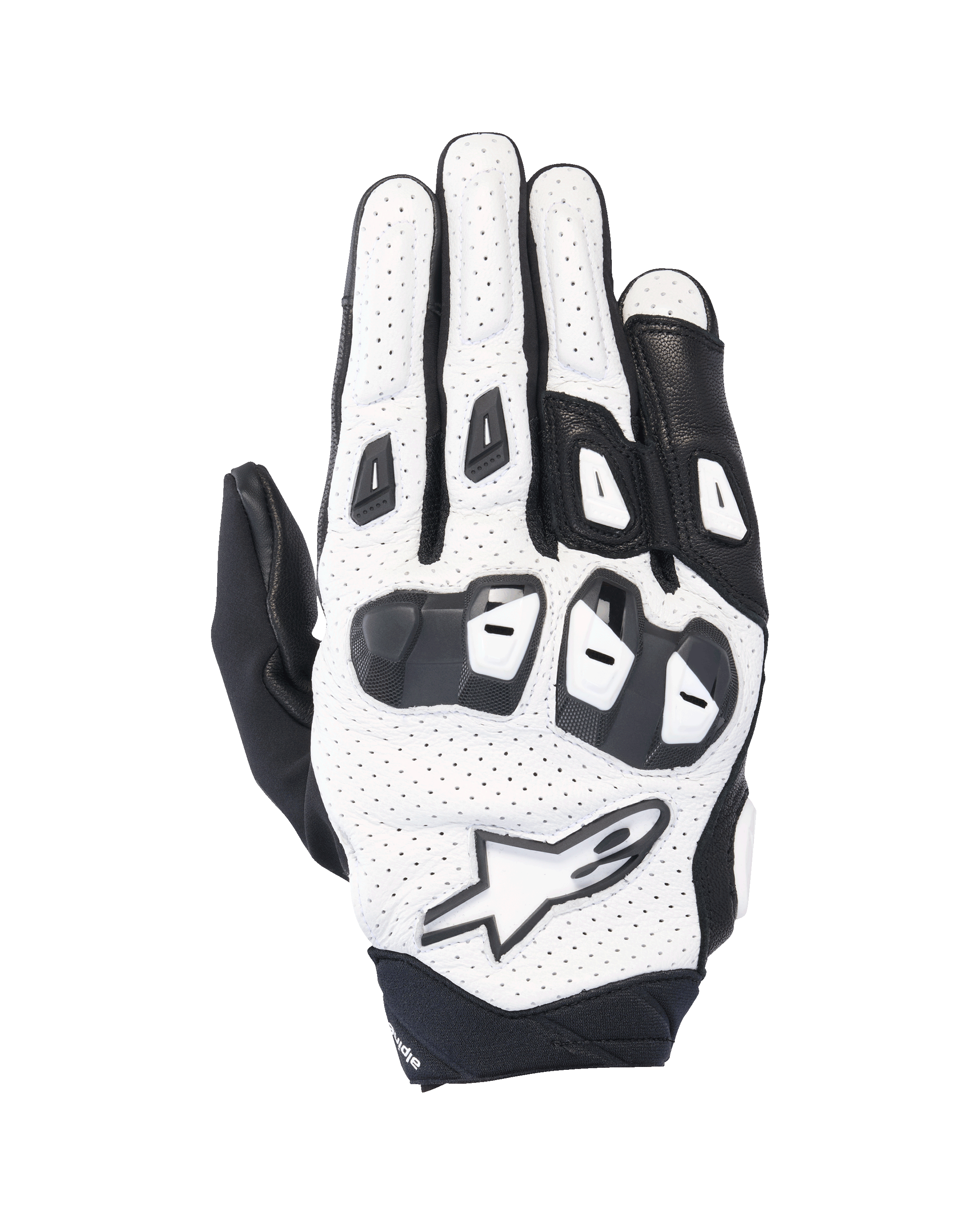 Guantes Alpinestars SP X 7, guantes de moto deportivos cortos, blancos y negros, con construcción de cuero perforado y protección de nudillos de TPU de doble densidad, logo de estrella blanca, diseño ventilado para conducción de verano de alto rendimiento