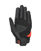 Guantes Alpinestars SP X 5 Air, vista de la palma, negro y rojo flúor, palma de cuero perforado con paneles reforzados, deslizador de palma TPR rojo brillante, logo Alpinestars rojo en el cierre de la muñeca, guantes de moto deportivos