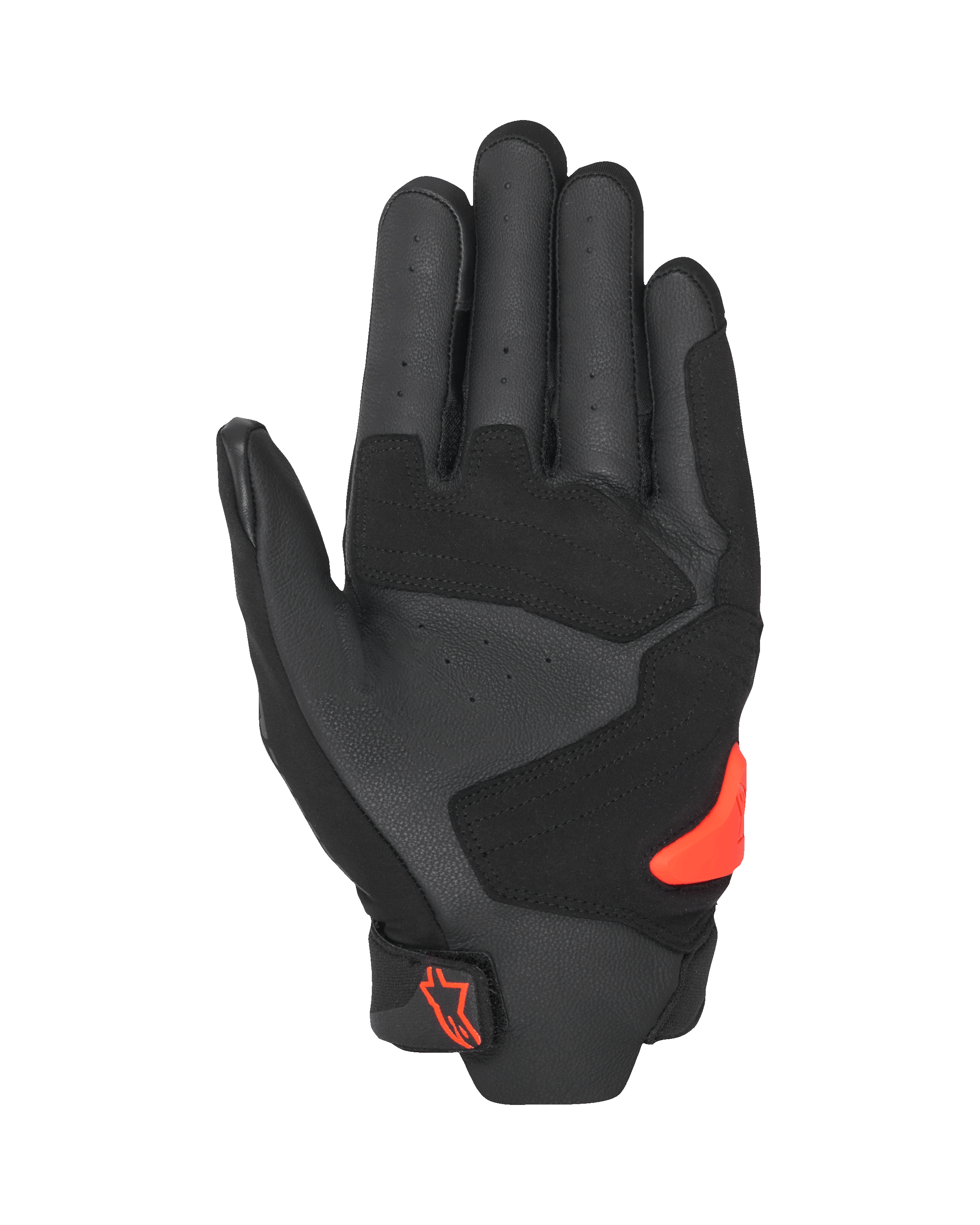 Guantes Alpinestars SP X 5 Air, vista de la palma, negro y rojo flúor, palma de cuero perforado con paneles reforzados, deslizador de palma TPR rojo brillante, logo Alpinestars rojo en el cierre de la muñeca, guantes de moto deportivos