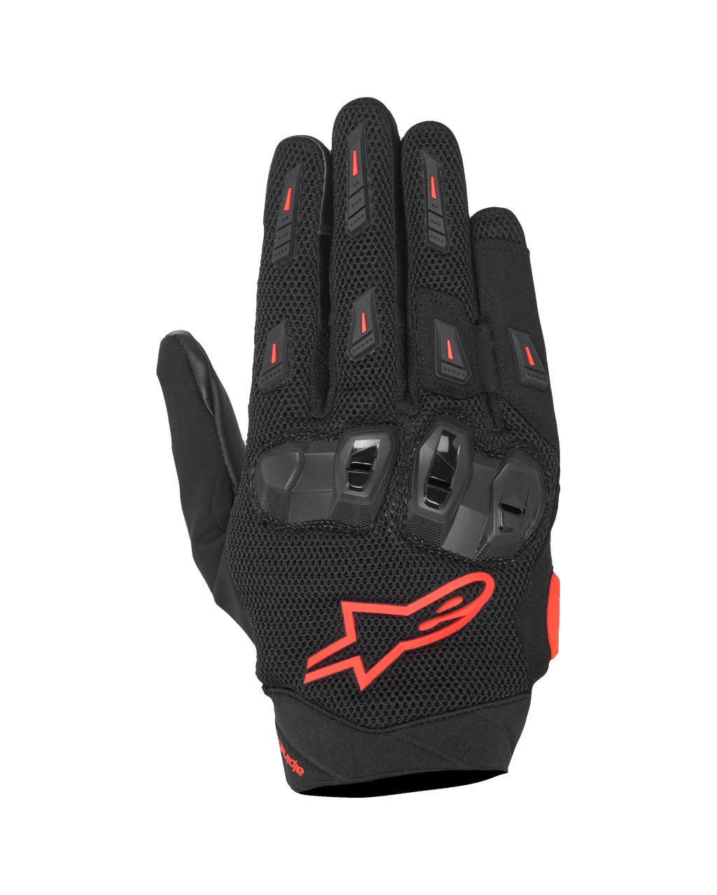 Alpinestars SP X 5 Air Gloves, guantes deportivos para moto, negro y rojo flúor, con dorso de malla 3D elástica, protección de nudillos de TPU de doble densidad, logotipo de la estrella Alpinestars en rojo, diseño perforado transpirable para conducción deportiva en verano