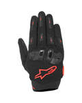 Alpinestars SP X 5 Air Gloves, guantes deportivos para moto, negro y rojo flúor, con dorso de malla 3D elástica, protección de nudillos de TPU de doble densidad, logotipo de la estrella Alpinestars en rojo, diseño perforado transpirable para conducción deportiva en verano