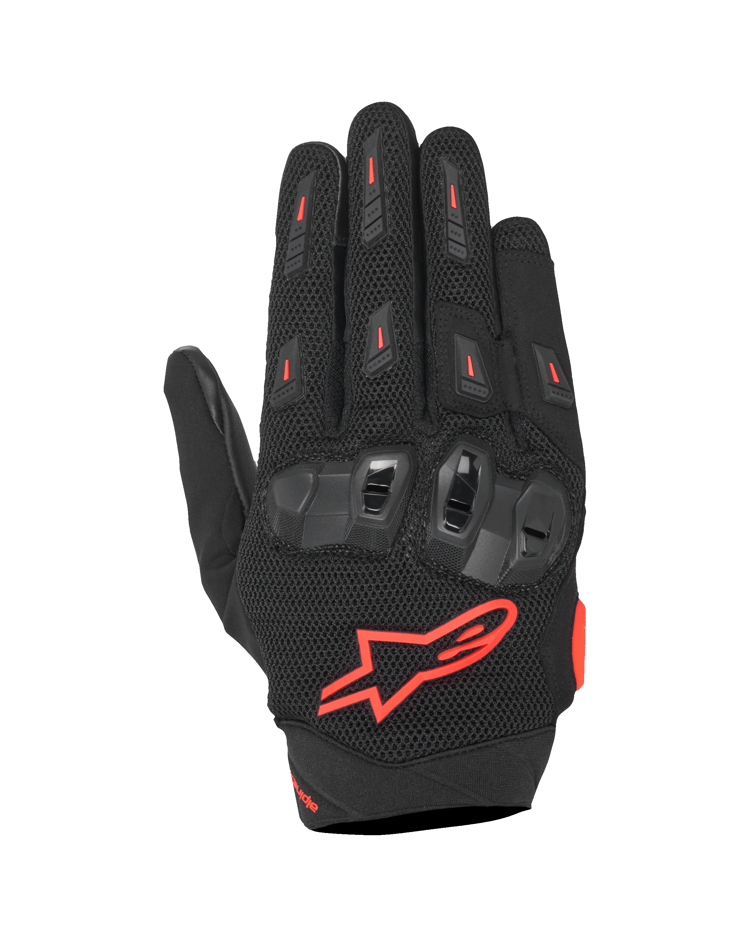 Alpinestars SP X 5 Air Gloves, guantes deportivos para moto, negro y rojo flúor, con dorso de malla 3D elástica, protección de nudillos de TPU de doble densidad, logotipo de la estrella Alpinestars en rojo, diseño perforado transpirable para conducción deportiva en verano