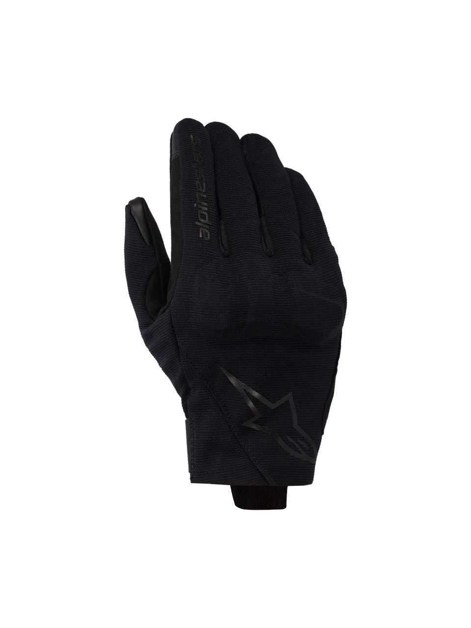 Guantes Alpinestars Reef V2, guantes de moto negros de puño corto con tejido elástico texturizado, diseño ergonómico con el logotipo de la marca en el dedo índice y emblema de estrella en el dorso de la mano