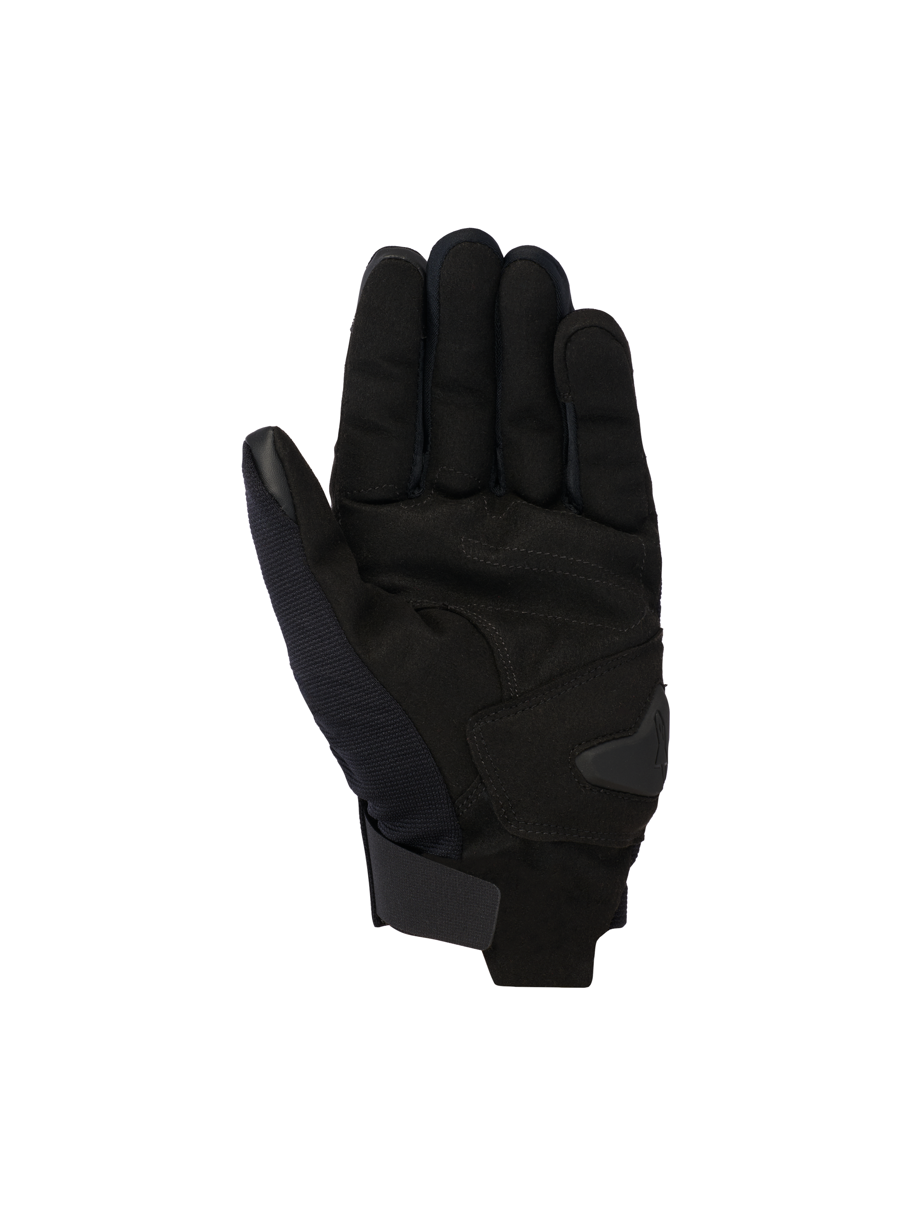 Guantes Alpinestars Reef V2, guantes de moto urbanos negros, vista de la palma con confección de ante sintético y acolchado reforzado, puño corto con cierre de velcro, dedo índice y pulgar compatibles con pantallas táctiles, diseño ergonómico para conducción urbana