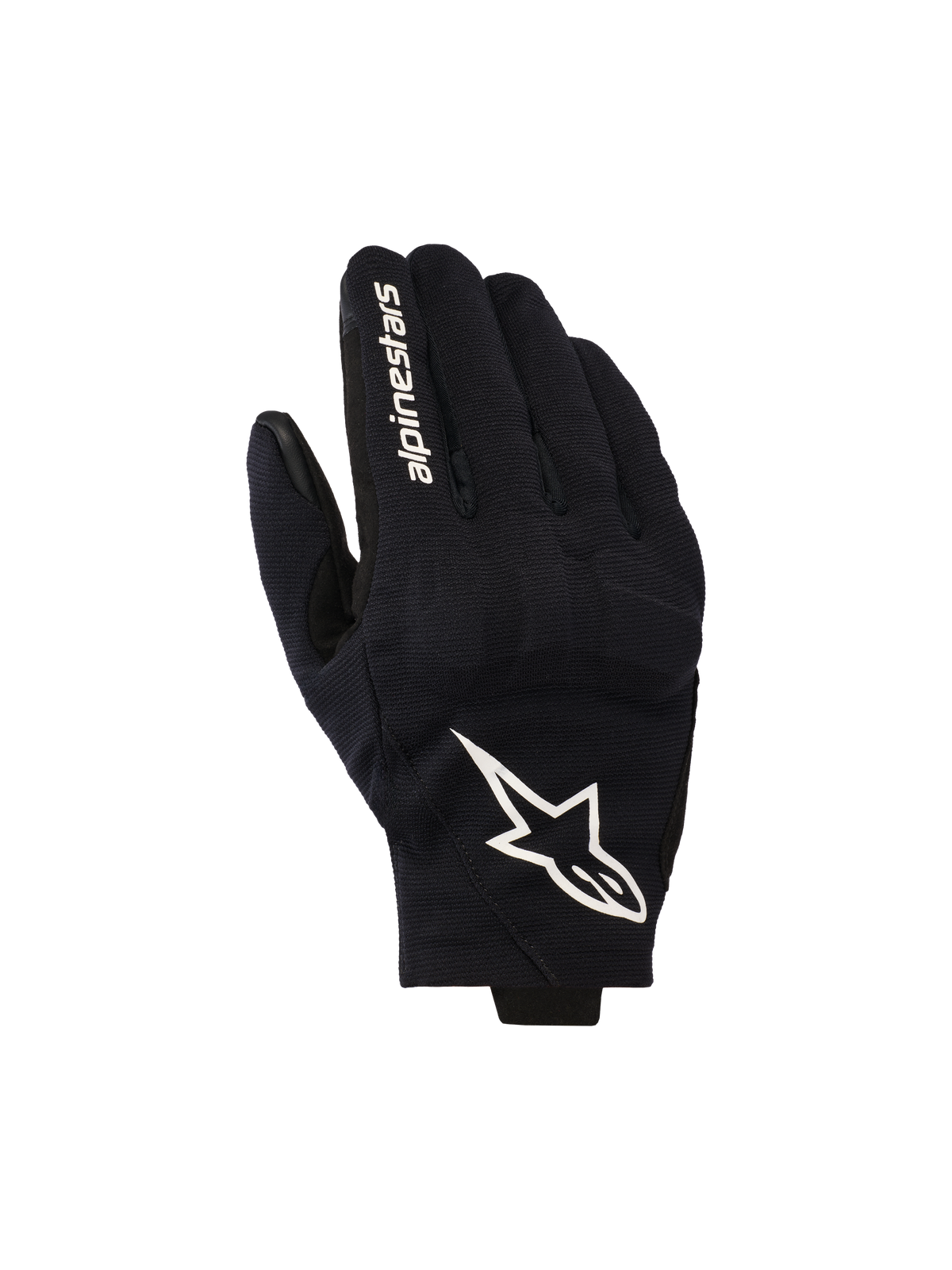 Alpinestars Reef V2 Gloves, Black and White Motorcycle Gloves, featuring a textured stretch fabric top hand with a prominent white star logo and brand lettering on the index finger, short-cuff urban design