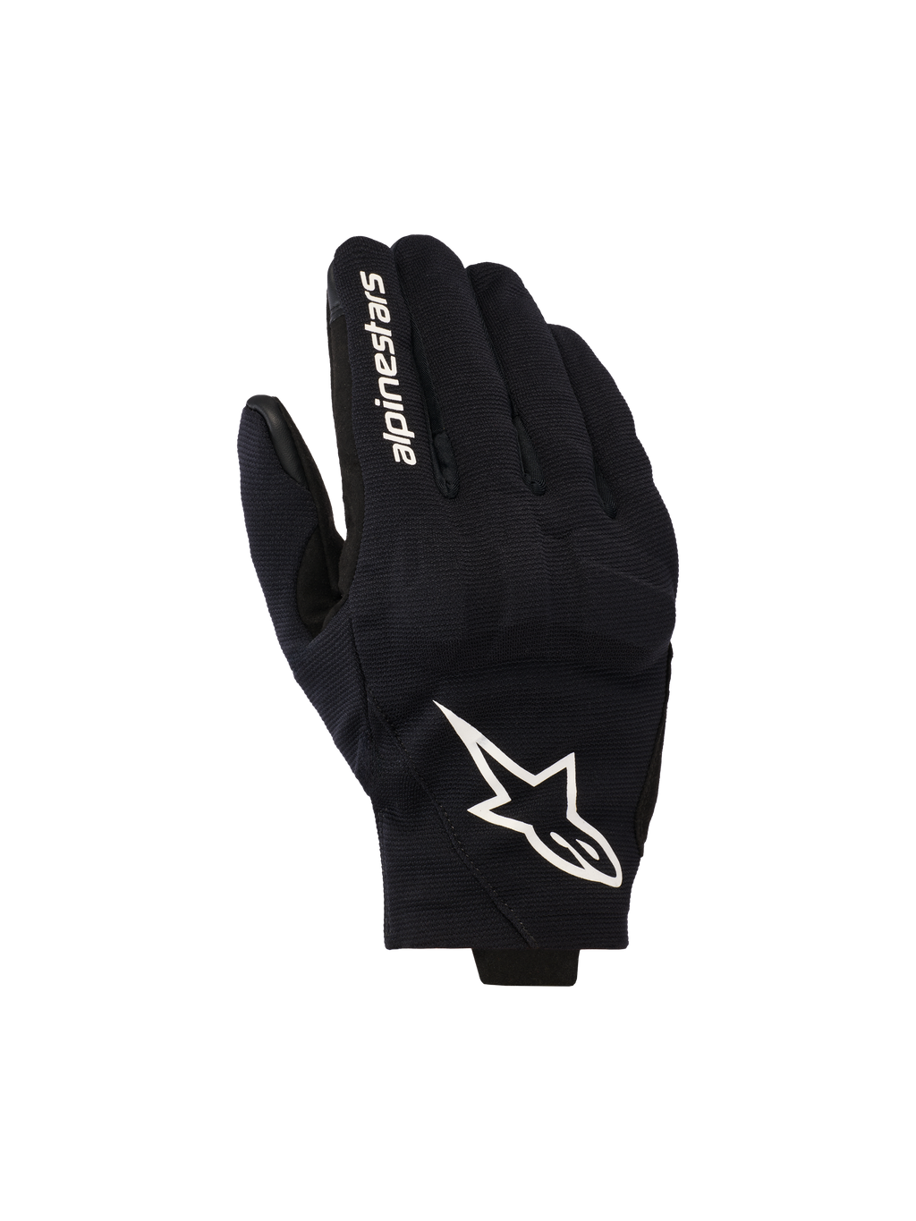 Guantes Alpinestars Reef V2, guantes de moto negros y blancos, con la parte superior en tejido elástico texturizado, un destacado logotipo de estrella blanco y el nombre de la marca en el dedo índice, diseño urbano de puño corto