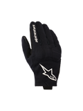 Guantes Alpinestars Reef V2, guantes de moto negros y blancos, con la parte superior en tejido elástico texturizado, un destacado logotipo de estrella blanco y el nombre de la marca en el dedo índice, diseño urbano de puño corto