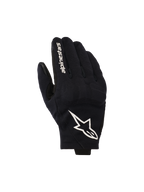Guantes Alpinestars Reef V2, guantes de moto negros y blancos, con la parte superior en tejido elástico texturizado, un destacado logotipo de estrella blanco y el nombre de la marca en el dedo índice, diseño urbano de puño corto