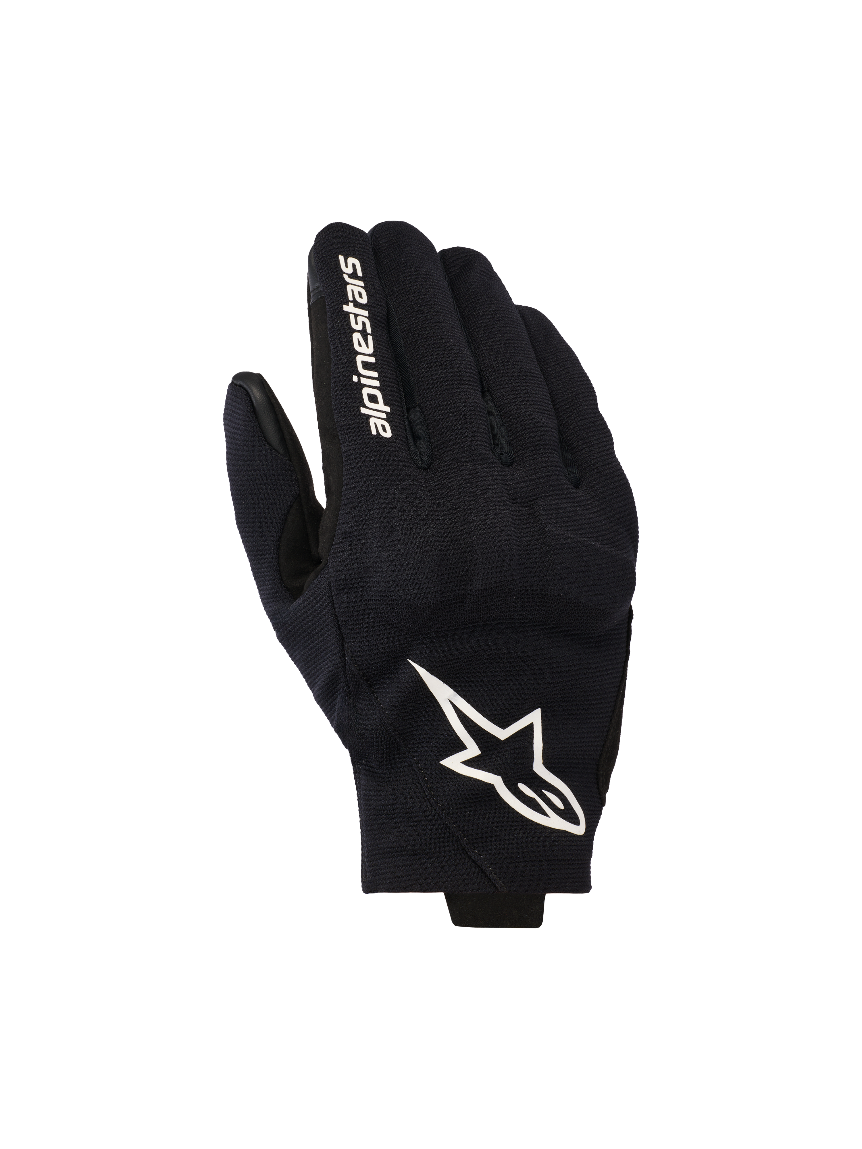 Guantes Alpinestars Reef V2, guantes de moto negros y blancos, con la parte superior en tejido elástico texturizado, un destacado logotipo de estrella blanco y el nombre de la marca en el dedo índice, diseño urbano de puño corto