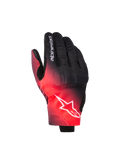 Alpinestars Reef V2 Gloves, motorcycle gloves, Black and Red Fluo, featuring a color gradient, white Alpinestars star logo on the backhand and text on the finger, urban road riding style
