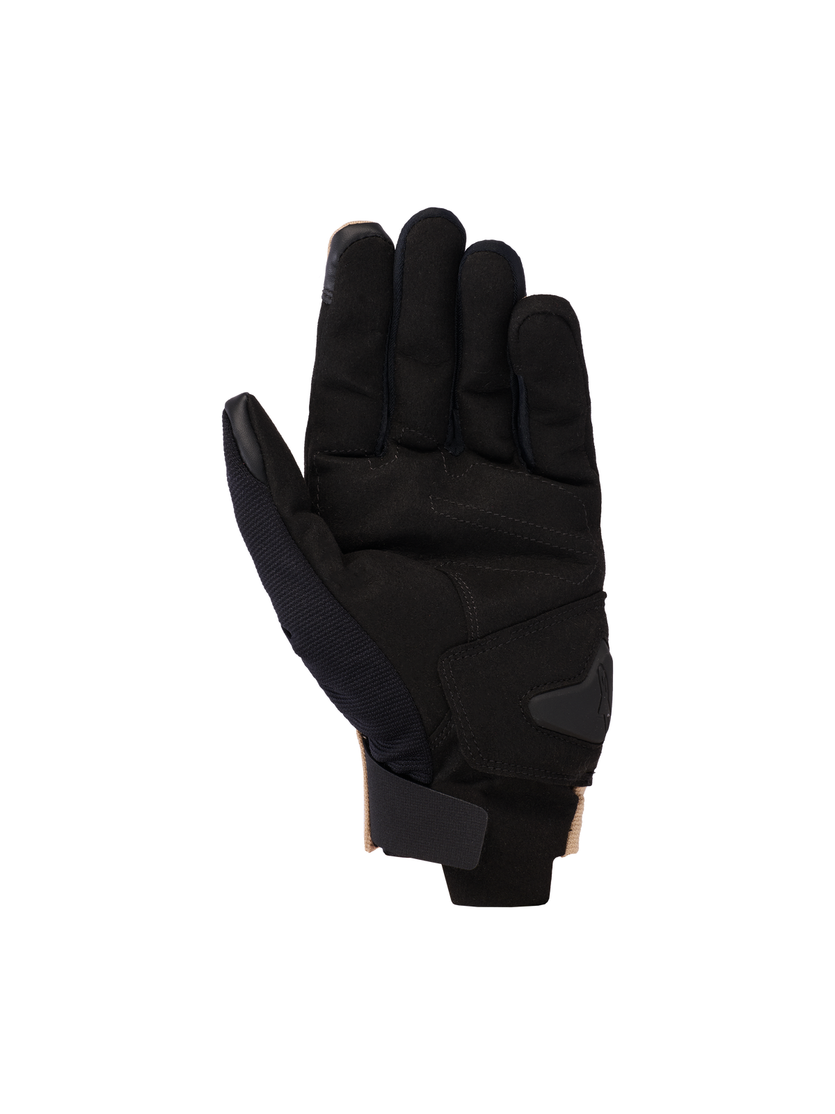 Guantes Alpinestars 2025 Reef V2, guantes de moto, Sand Black, vista de la palma que muestra la palma de gamuza sintética con refuerzo acolchado, puño corto con correa de gancho y bucle, y puntas de los dedos compatibles con pantallas táctiles