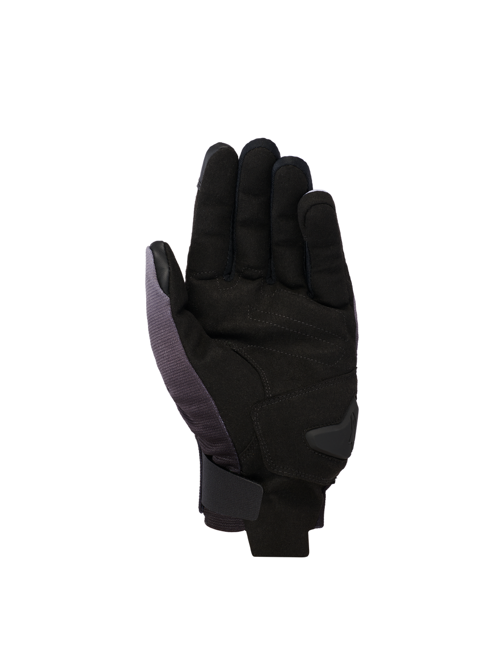 Guantes Alpinestars Reef V2, guantes de moto de puño corto, gris medio, negro y blanco, vista de la palma con ante sintético, refuerzo acolchado y cierre de velcro seguro en la muñeca.