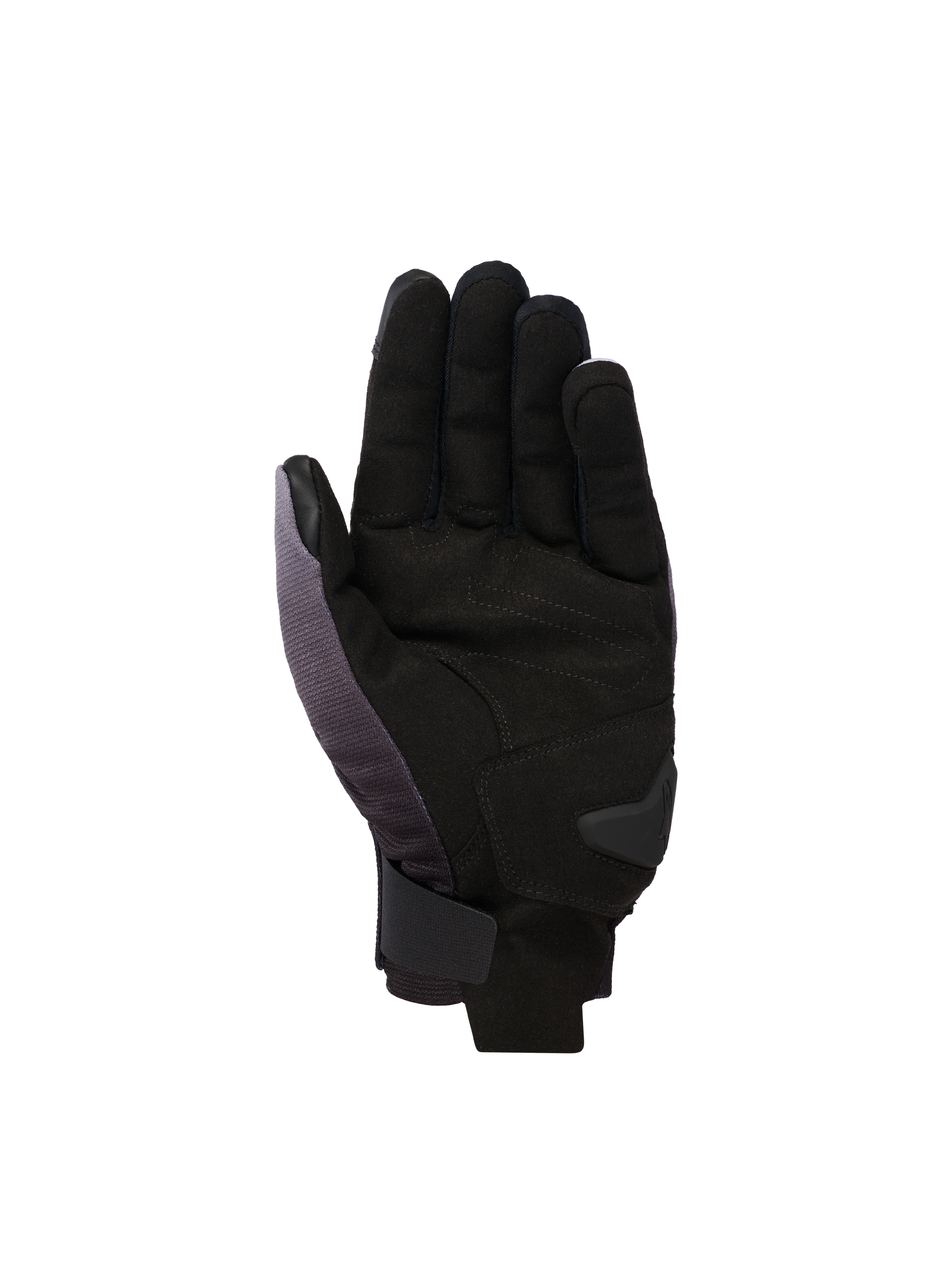Guantes Alpinestars Reef V2, guantes de moto de puño corto, gris medio, negro y blanco, vista de la palma con ante sintético, refuerzo acolchado y cierre de velcro seguro en la muñeca.