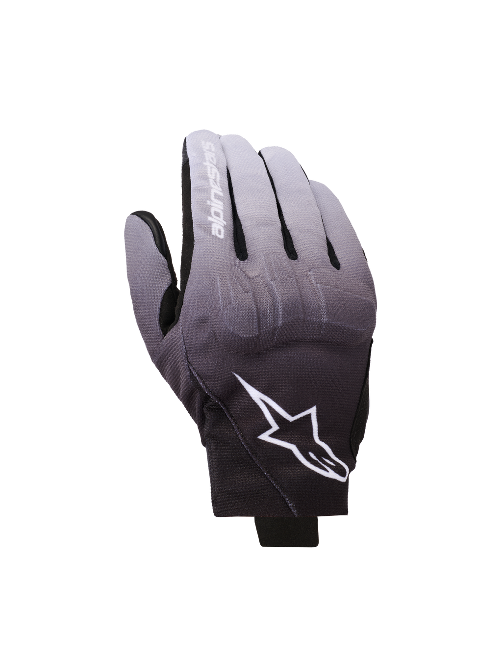 Guantes Alpinestars Reef V2, guantes de moto, degradado en gris medio y negro, logotipo de estrella blanca y nombre de la marca en el dedo índice, diseño urbano de puño corto con protección de nudillos de TPU y tejido elástico
