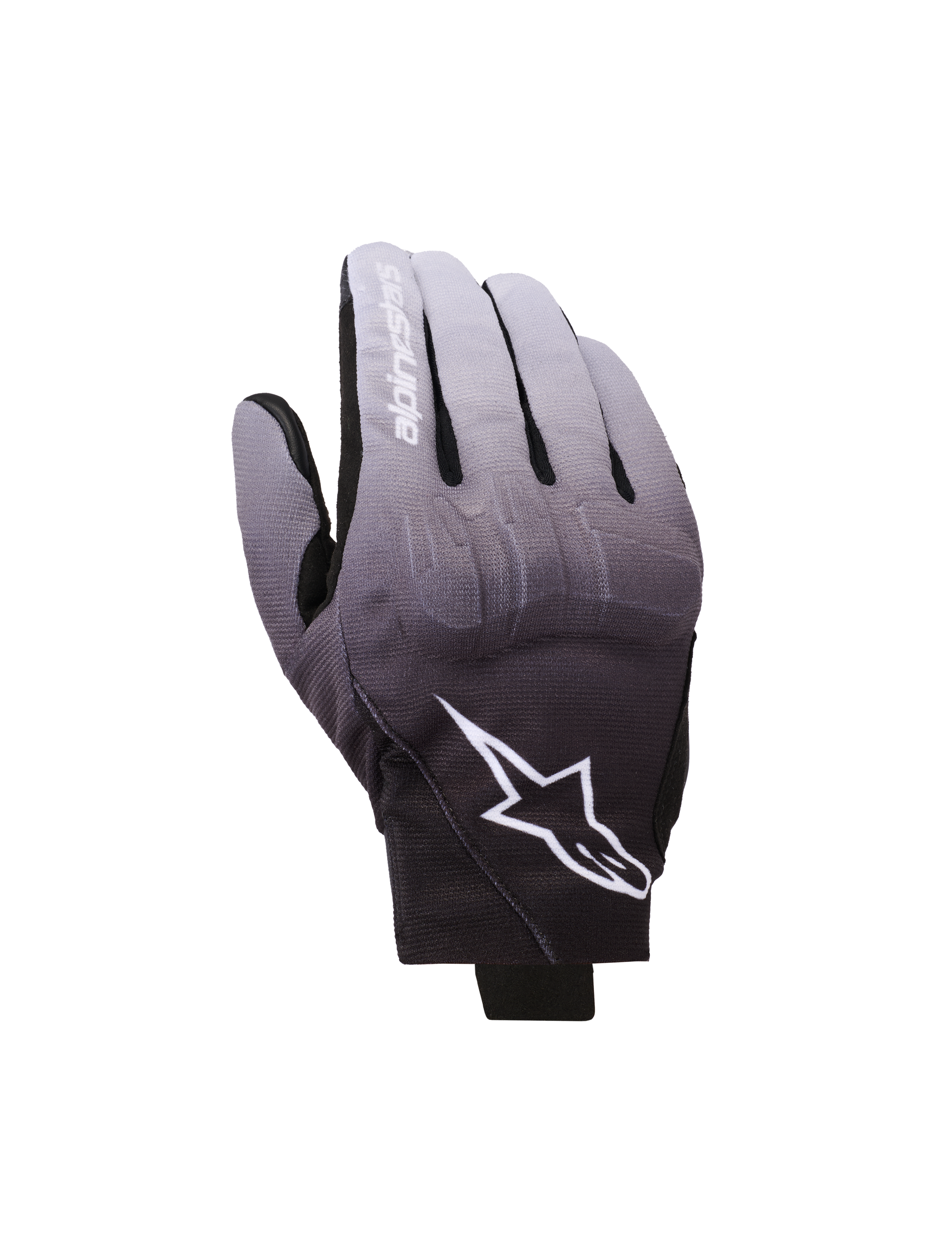 Guantes Alpinestars Reef V2, guantes de moto, degradado en gris medio y negro, logotipo de estrella blanca y nombre de la marca en el dedo índice, diseño urbano de puño corto con protección de nudillos de TPU y tejido elástico