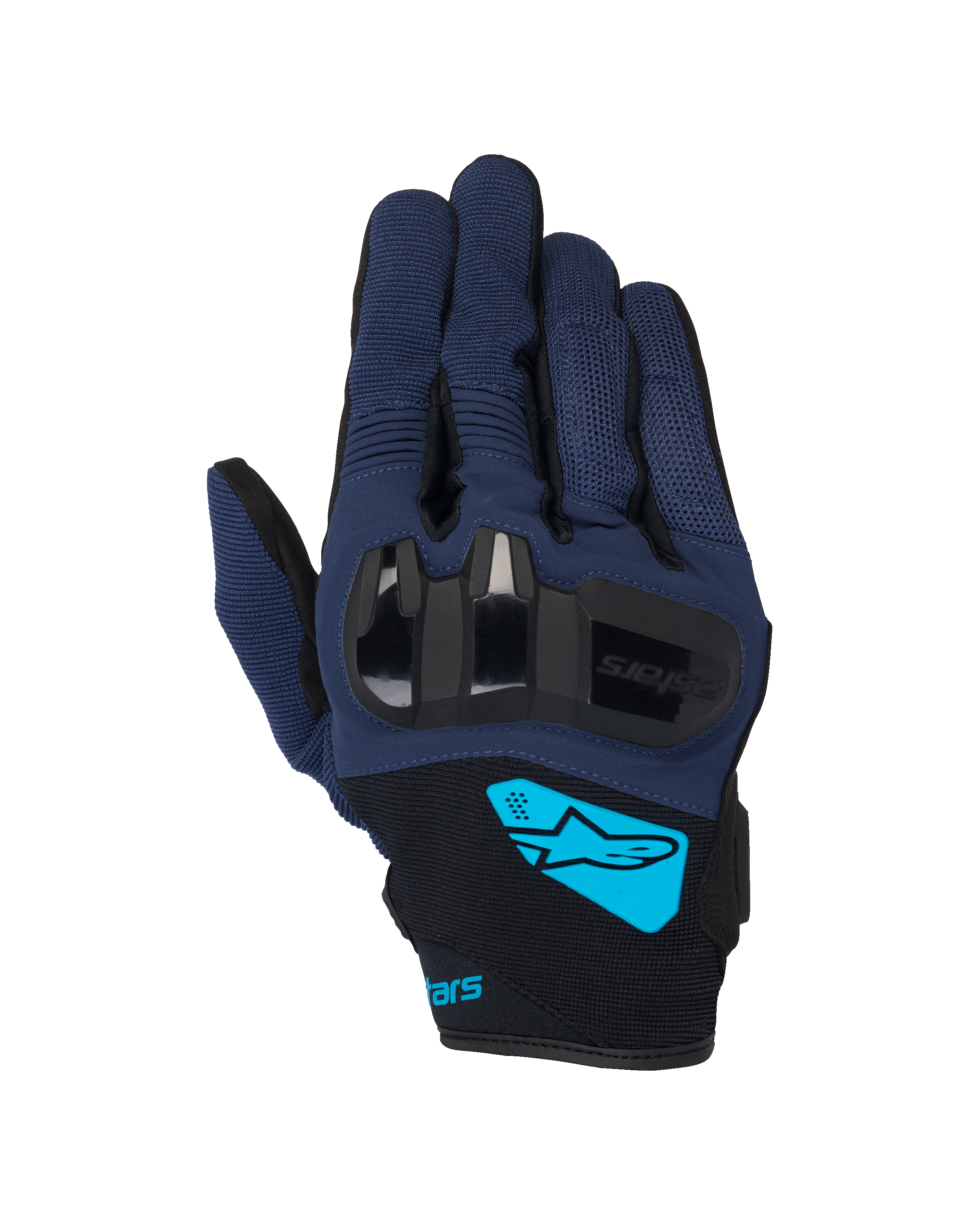 Alpinestars Chrome V2 Gloves, Motorcycle Gloves, Dark Blue and Black, featuring hard TPU knuckle protection, bright cyan Alpinestars logo on the wrist, short cuff urban riding gear