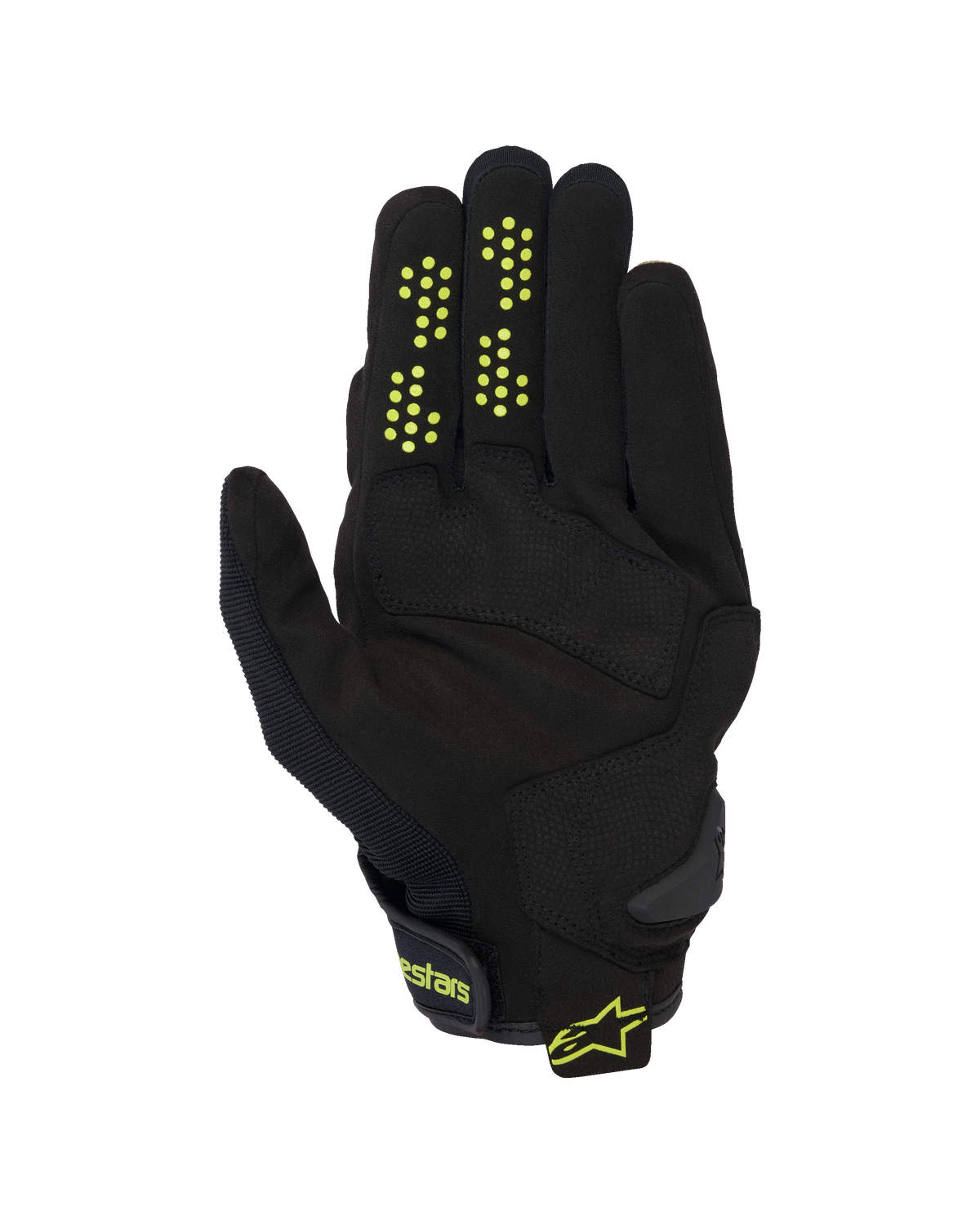 Guantes Alpinestars Chrome V2, guantes de moto de puño corto, negros con detalles en amarillo neón, vista de la palma que muestra la construcción de gamuza sintética, puntos de agarre de silicona en los dedos y cierre de muñeca con gancho y bucle con el logotipo de Alpinestars.