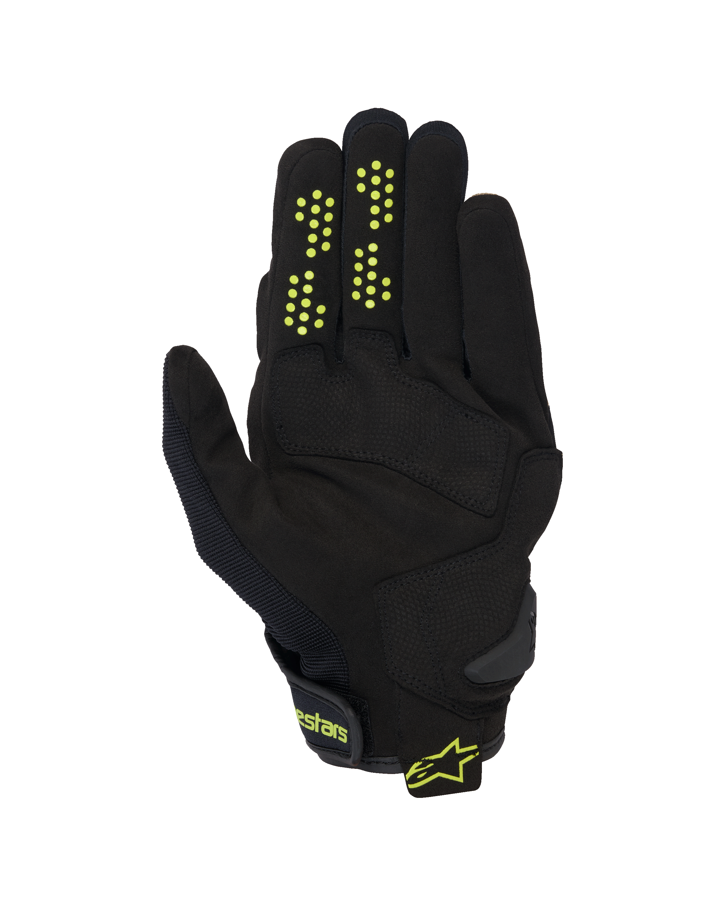 Guantes Alpinestars Chrome V2, guantes de moto de puño corto, negros con detalles en amarillo neón, vista de la palma que muestra la construcción de gamuza sintética, puntos de agarre de silicona en los dedos y cierre de muñeca con gancho y bucle con el logotipo de Alpinestars.