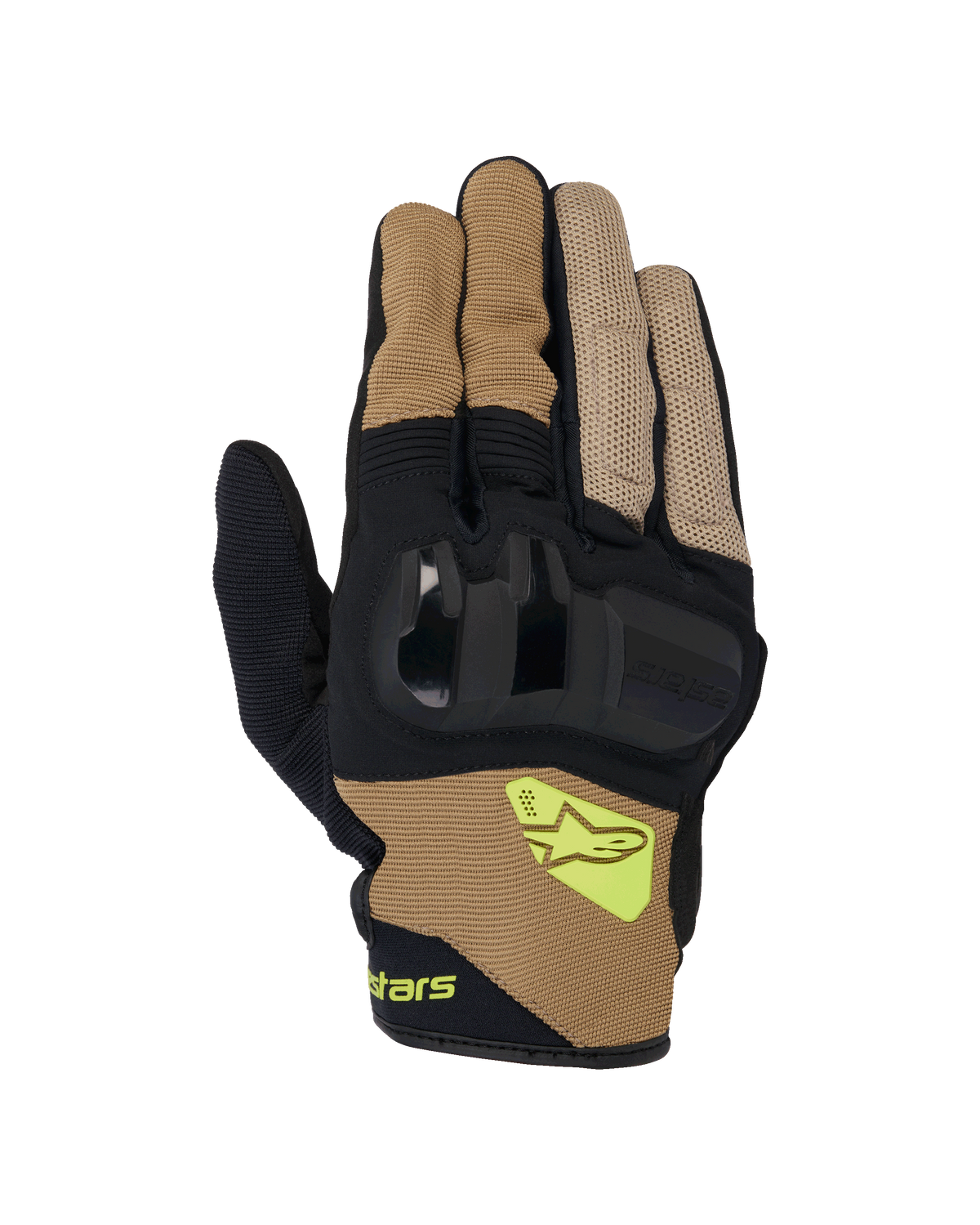 Alpinestars Chrome V2 Gloves, Short Cuff Motorcycle Gloves, Dark Khaki and Black, featuring hard knuckle protection, breathable mesh panels, and fluorescent yellow Alpinestars logo, urban road riding gear