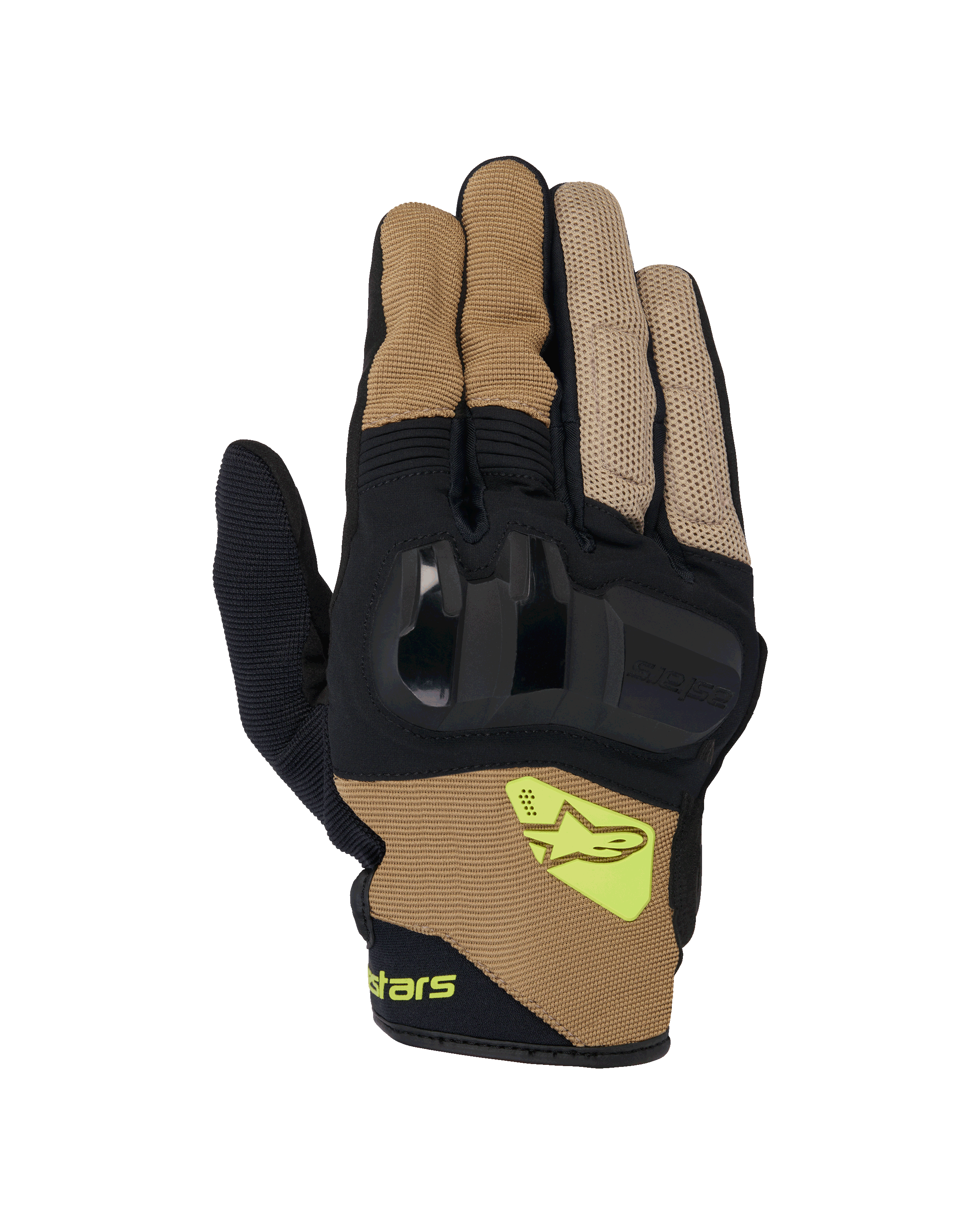 Alpinestars Chrome V2, guantes de moto de puño corto, caqui oscuro y negro, con protección rígida en los nudillos, paneles de malla transpirable y logotipo Alpinestars en amarillo fluorescente, equipo de conducción urbana