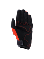 Guantes Alpinestars Ignite, vista de la palma, color negro y rojo tangerine, palma de gamuza sintética con costuras rojas en contraste, panel lateral de malla, puño corto con cierre de gancho y bucle, equipamiento para desplazamientos urbanos en moto