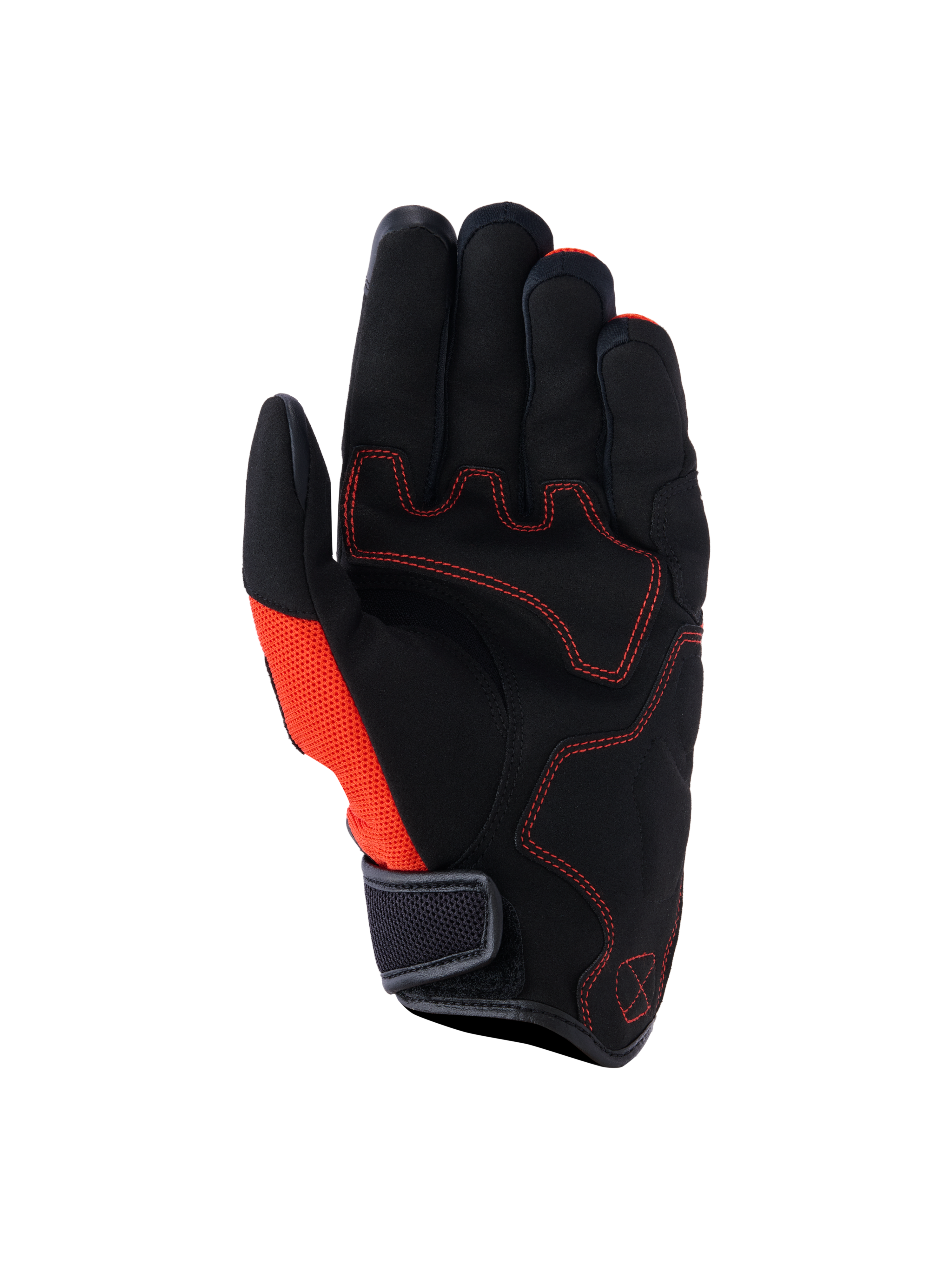 Guantes Alpinestars Ignite, vista de la palma, color negro y rojo tangerine, palma de gamuza sintética con costuras rojas en contraste, panel lateral de malla, puño corto con cierre de gancho y bucle, equipamiento para desplazamientos urbanos en moto