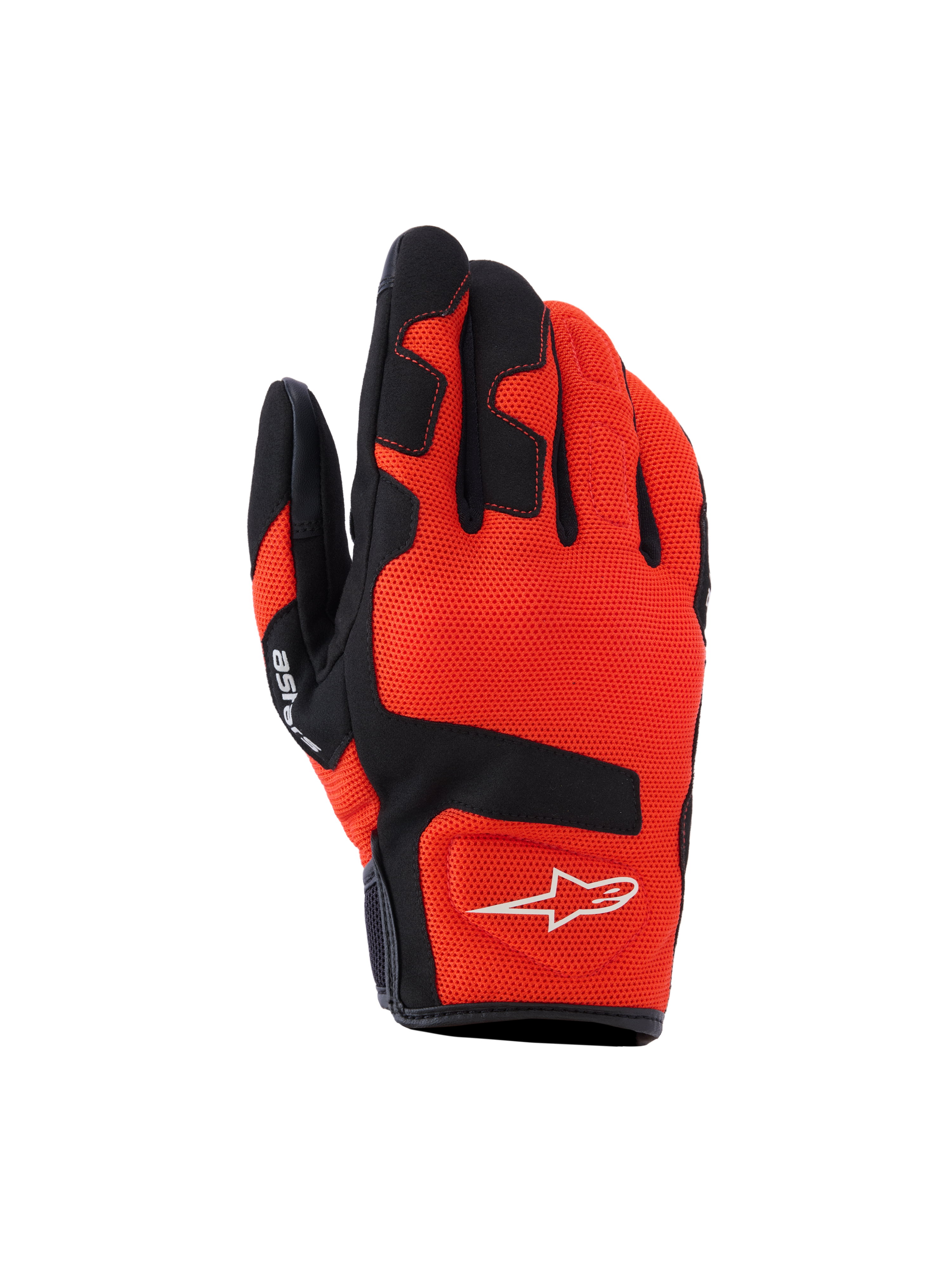 Guantes Alpinestars Ignite, guantes de moto, rojo mandarina y negro, tejido de malla transpirable, refuerzos negros en los dedos y nudillos, logotipo de estrella blanco, diseño de puño corto