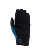 Guantes Alpinestars Ignite, guantes de moto urbanos, azul índigo y negro, vista de la palma con gamuza sintética y acolchado estratégico, panel lateral de malla verde azulado y diseño de puño corto con cierre de gancho y bucle