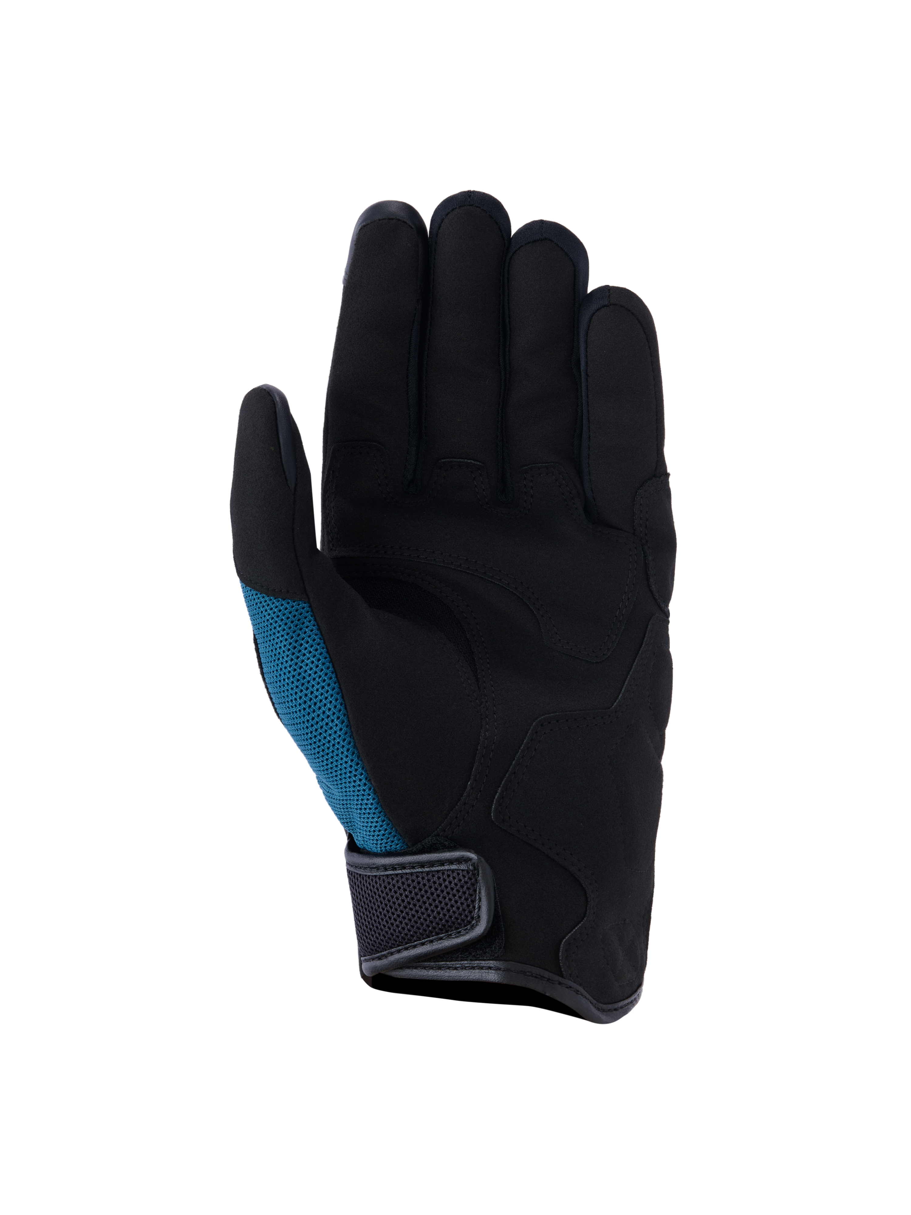 Guantes Alpinestars Ignite, guantes de moto urbanos, azul índigo y negro, vista de la palma con gamuza sintética y acolchado estratégico, panel lateral de malla verde azulado y diseño de puño corto con cierre de gancho y bucle
