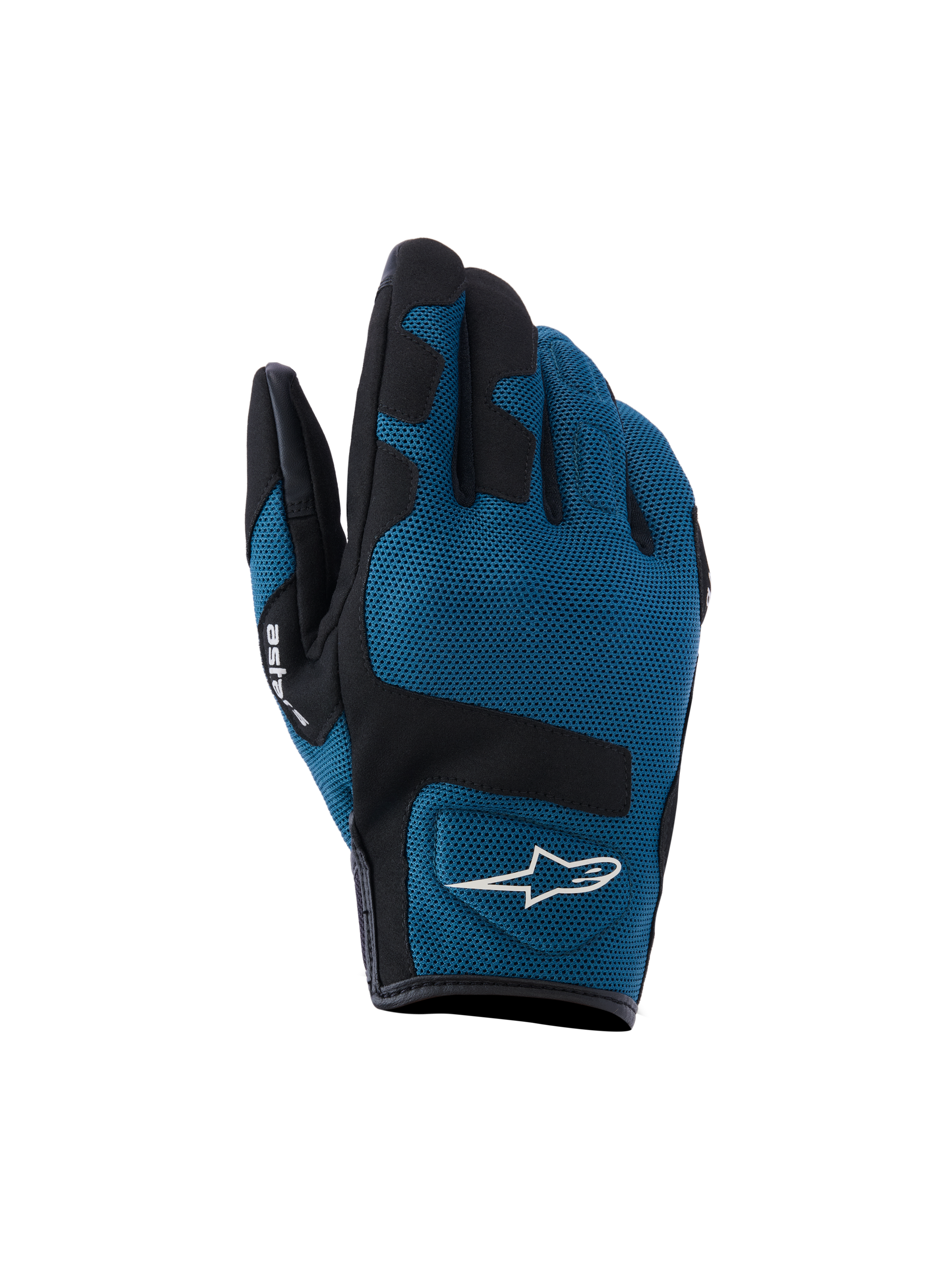 Guantes Alpinestars Ignite, guantes de moto urbanos, azul índigo y negro, construcción de malla textil transpirable en el dorso, paneles reforzados negros sobre los nudillos, logotipo A-star blanco, diseño de puño corto para conducción urbana