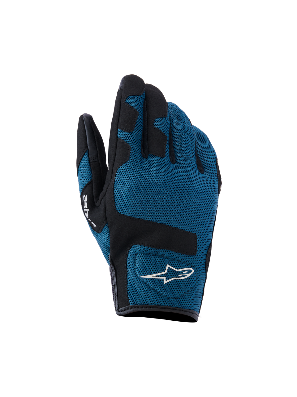 Guantes Alpinestars Ignite, guantes de moto urbanos, azul índigo y negro, construcción de malla textil transpirable en el dorso, paneles reforzados negros sobre los nudillos, logotipo A-star blanco, diseño de puño corto para conducción urbana