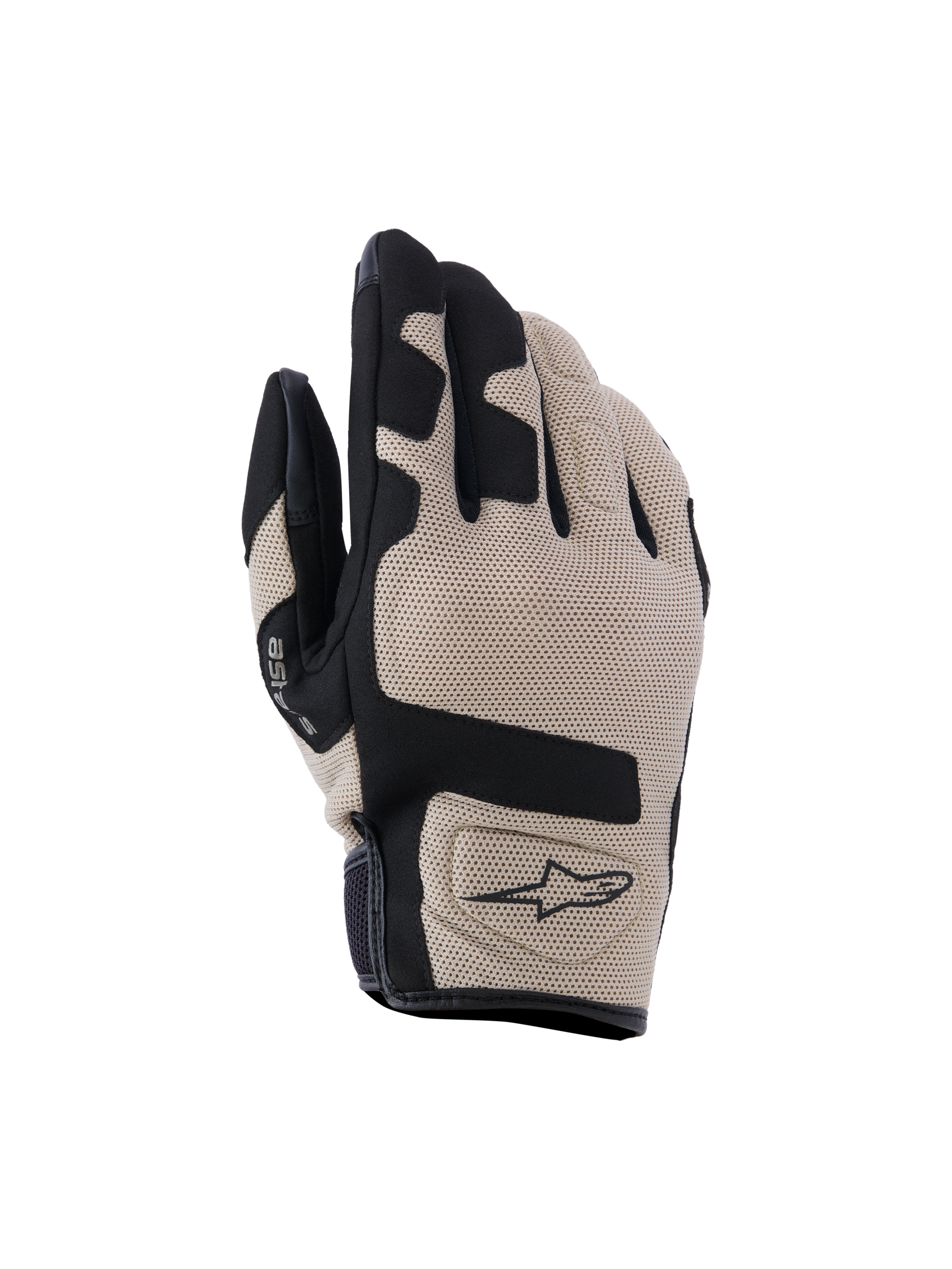 Guantes Alpinestars Ignite, guantes de moto, beige y negro, parte superior de malla texturizada con acentos de paneles negros, diseño de puño corto con logo Alpinestars, equipo de protección ligero y transpirable para conducción urbana