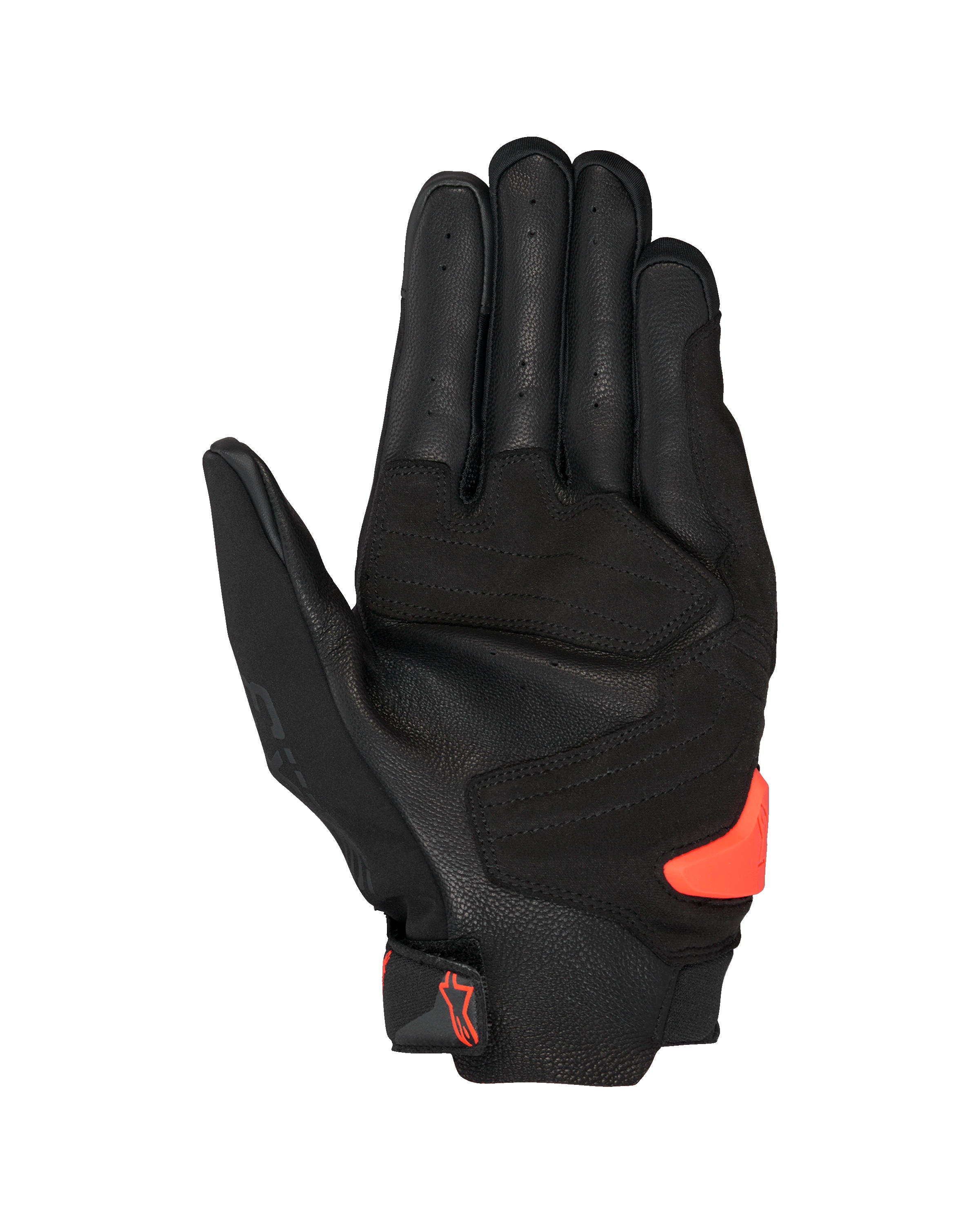 Guantes Alpinestars SP X 3, negros y rojo flúor, vista de la palma con cuero perforado, refuerzos sintéticos y un deslizador de palma TPR en naranja brillante, equipamiento de moto deportivo y de competición