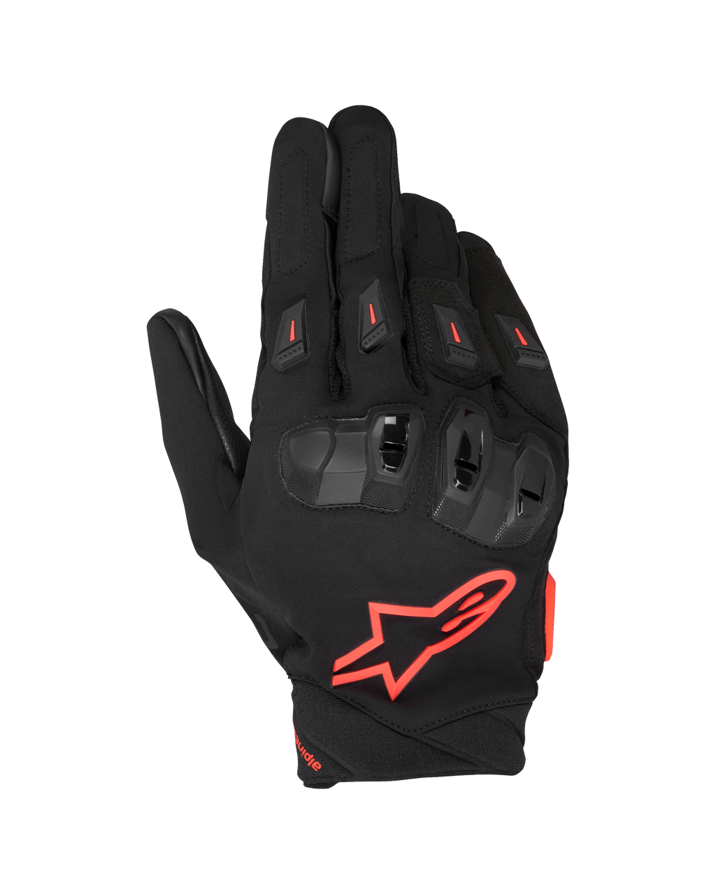 Guantes Alpinestars SP X 3, guantes de carreras para moto, negro y rojo flúor, con un gran logotipo de estrella roja en el dorso, protección de nudillos en TPU de doble densidad con detalles rojos y deslizadores de dedos ventilados, diseño deportivo y protector para conducción en carretera