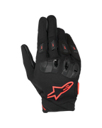 Guantes Alpinestars SP X 3, guantes de carreras para moto, negro y rojo flúor, con un gran logotipo de estrella roja en el dorso, protección de nudillos en TPU de doble densidad con detalles rojos y deslizadores de dedos ventilados, diseño deportivo y protector para conducción en carretera