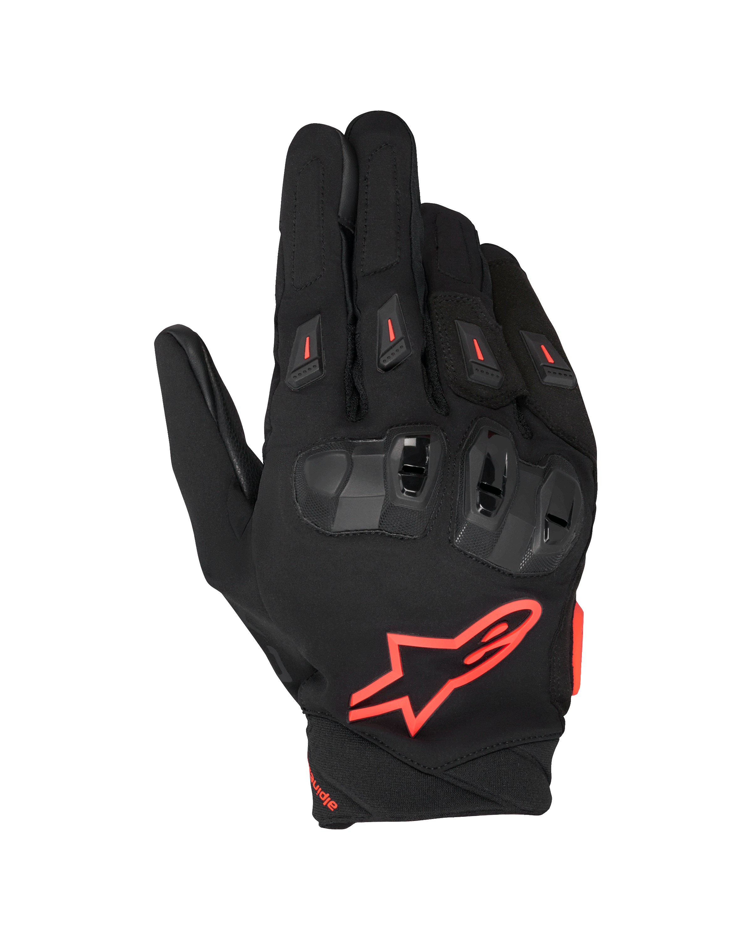 Guantes Alpinestars SP X 3, guantes de carreras para moto, negro y rojo flúor, con un gran logotipo de estrella roja en el dorso, protección de nudillos en TPU de doble densidad con detalles rojos y deslizadores de dedos ventilados, diseño deportivo y protector para conducción en carretera