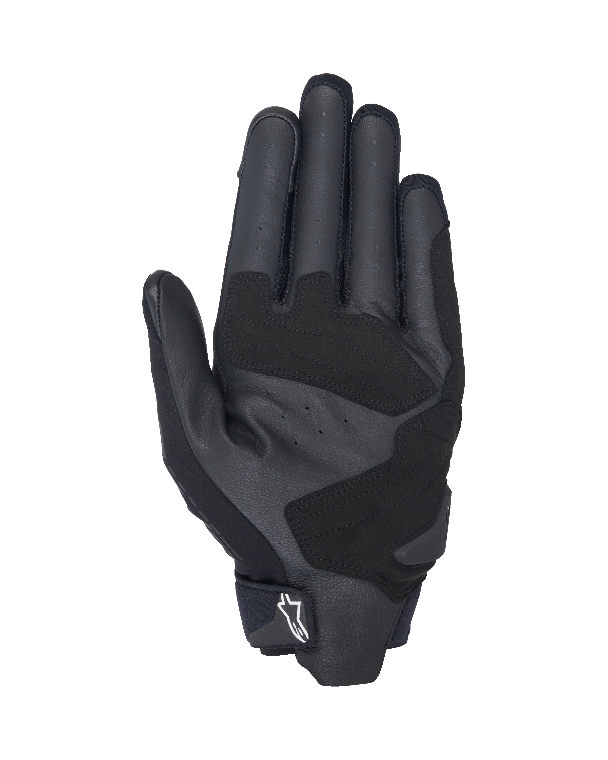 Guantes Alpinestars SP X 3, guantes de moto en negro y blanco, vista de la palma con cuero perforado para ventilación, refuerzos de cuero sintético para mayor agarre y durabilidad, zonas de impacto reforzadas y diseño de puño corto con logo blanco en la lengüeta
