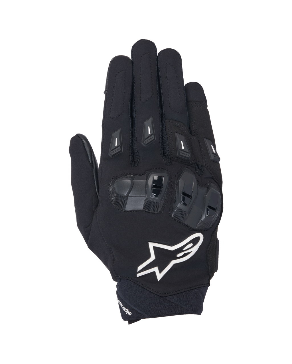 Guantes Alpinestars SP X 3, guantes de moto de puño corto en negro y blanco, vista superior que muestra la protección de nudillos de TPU de doble densidad, el gran logotipo de estrella blanca y protectores de dedos, diseñados para conducción deportiva y en carretera.