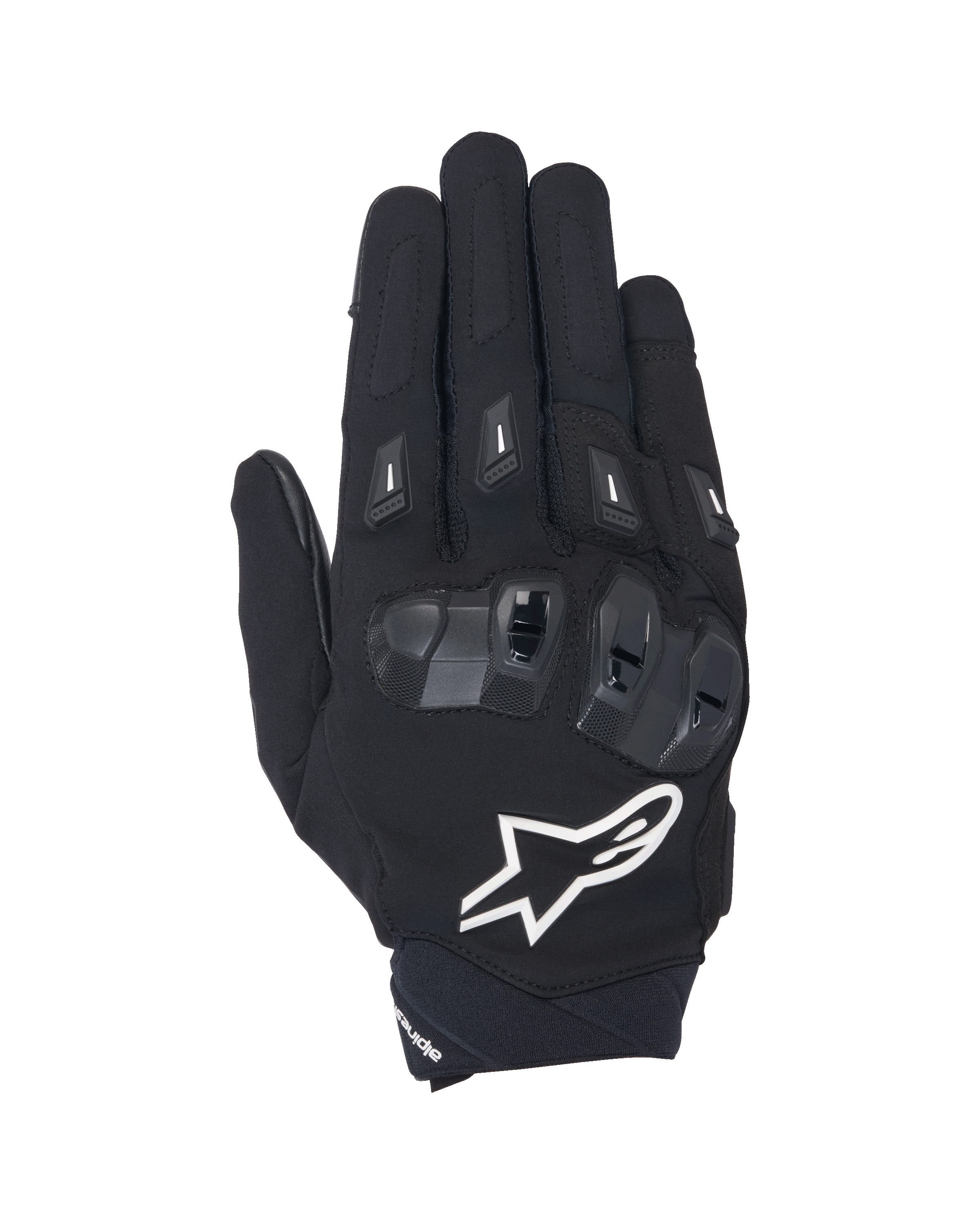 Guantes Alpinestars SP X 3, guantes de moto de puño corto en negro y blanco, vista superior que muestra la protección de nudillos de TPU de doble densidad, el gran logotipo de estrella blanca y protectores de dedos, diseñados para conducción deportiva y en carretera.