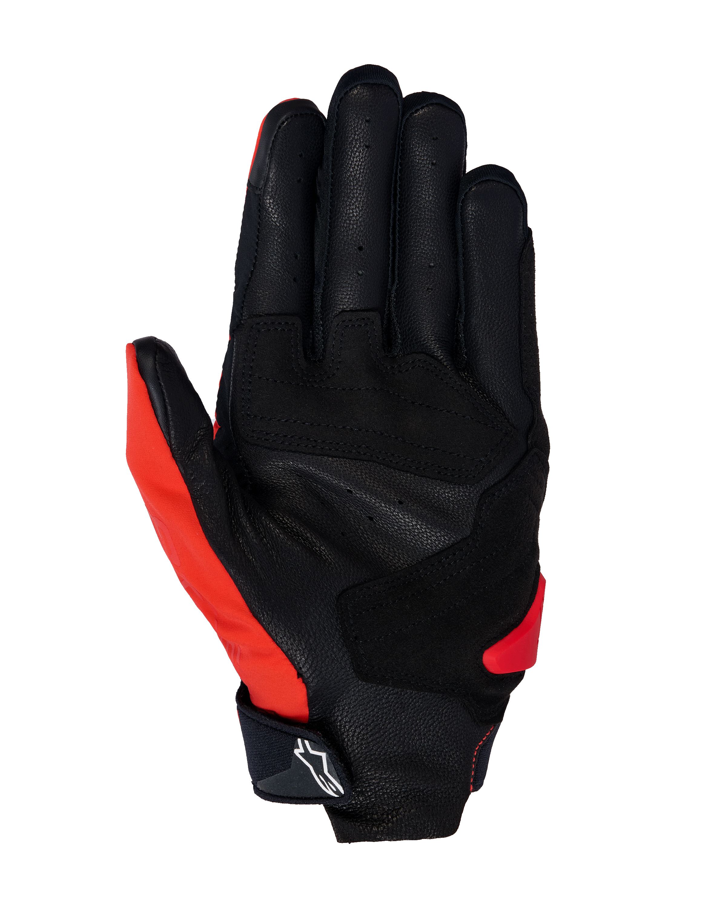 Guantes Alpinestars SP X 3, guantes de moto, rojo brillante, negro y blanco, vista de la palma con cuero perforado, superposiciones de agarre sintético y puntas de los dedos compatibles con pantallas táctiles, equipo duradero para deporte y carreras de carretera