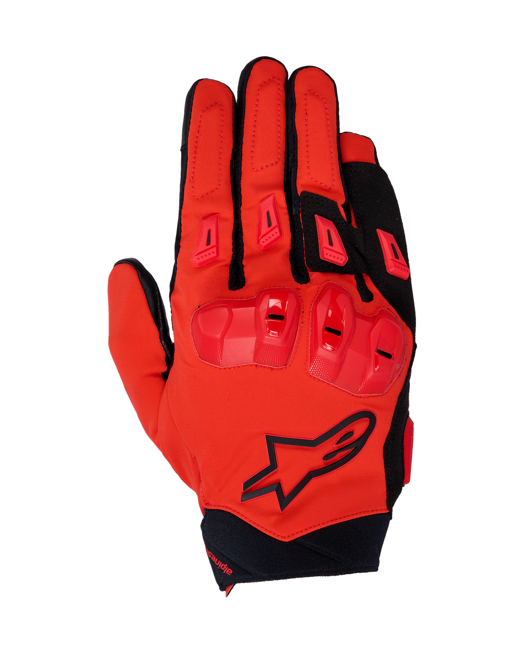 Guantes Alpinestars 2025 SP X 3, guantes de carreras para moto, rojo brillante y negro, con protección de nudillos de TPU de doble densidad y deslizadores en los dedos, vista superior que muestra la construcción de malla elástica y el logotipo de la estrella negra